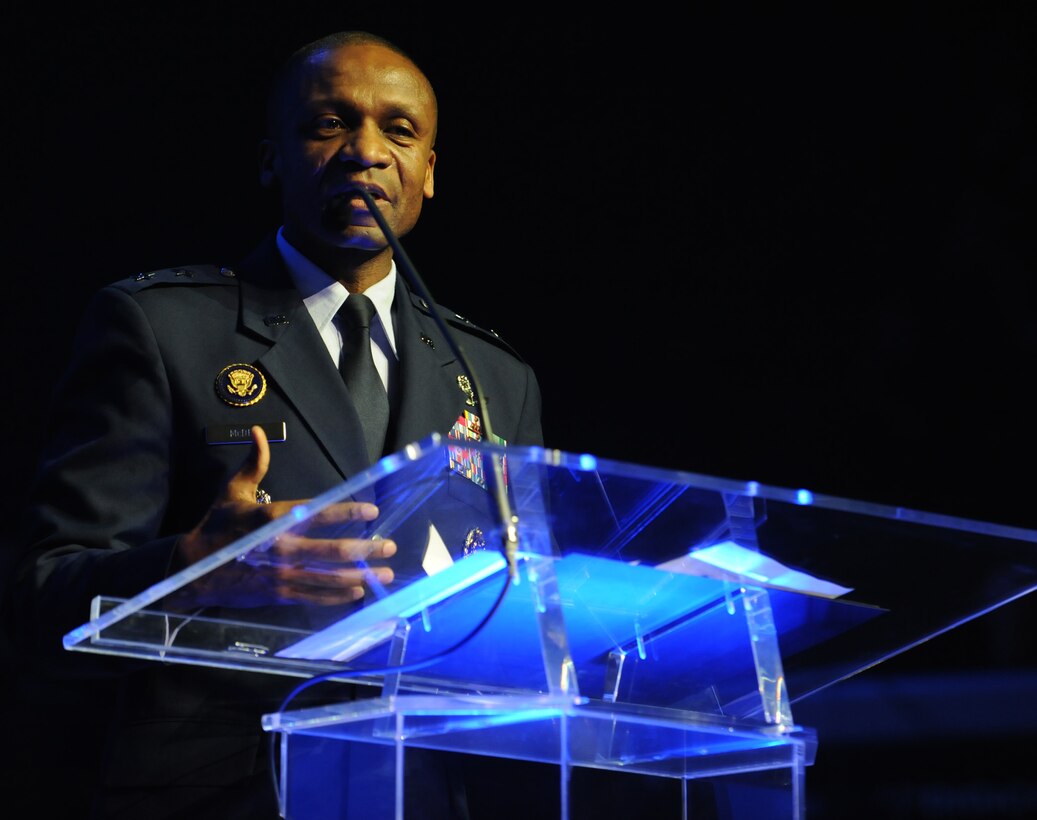 Maj. Gen. Darren W. McDew, commander of the Air Force District of Washington, addresses the audience Feb. 20 at the DAR Constitution Hall, Washington, D.C. Gen. McDew praised the band’s performance and thanked the dancers for their participation in the event. (U.S. Air Force photo by Senior Airman Christopher Ruano)