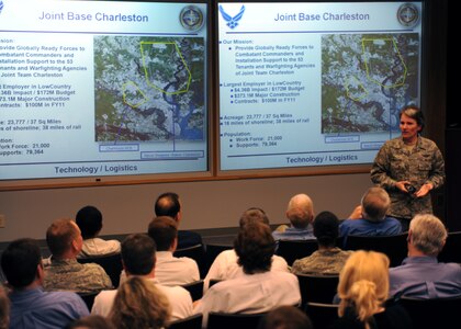 Col. Martha Meeker briefs the 2011 Honorary Commanders on base operations and statistics at the 15th Airlift Squadron Feb. 22 on Joint Base Charleston, S.C. Honorary Commanders serve a one-year term and are charged with learning about the U.S. military and the unit to which they are assigned. Colonel Meeker is the commander of the 628th Air Base Wing. (U.S. Air Force photo/Senior Airman Timothy Taylor)