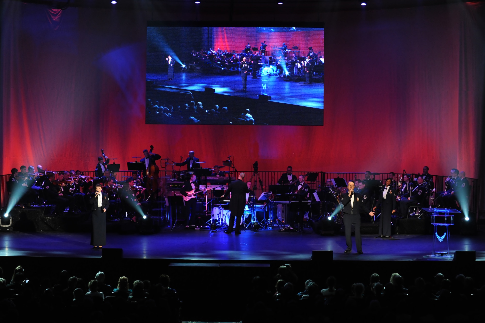 The U.S. Air Force Band performs Feb. 20 at the DAR Constitution Hall, Washington, D.C. Musicians from The U.S. Air Force Band's Max Impact, Airmen of Note, The Singing Sergeants and The Air Force Strings contribute to the 2011 Guest Artist Series performance. (U.S. Air Force photo by Senior Airman Christopher Ruano)