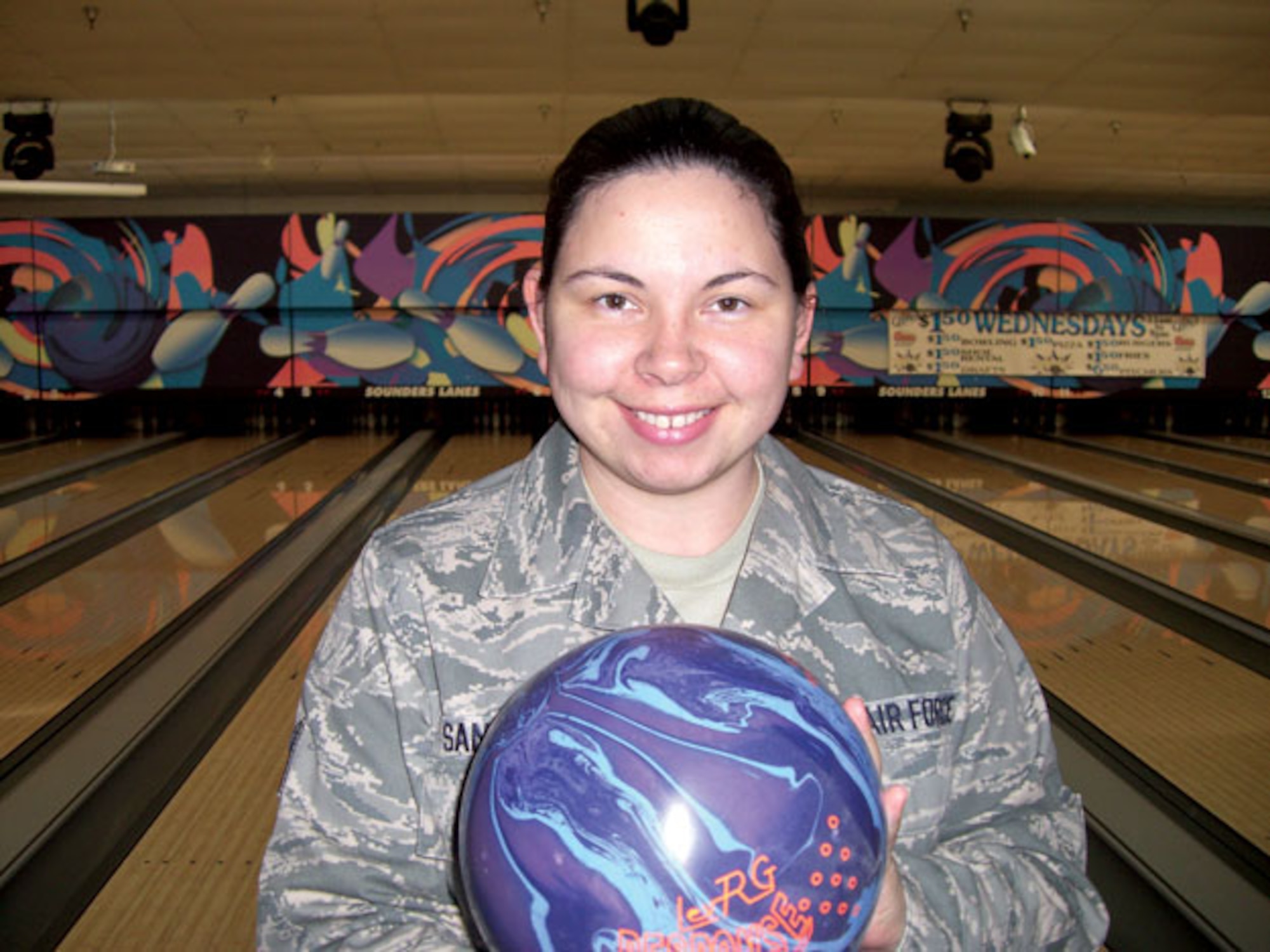 Staff Sgt. Natasha Sanchez, 62nd Communications Squadron, helped the Air Force bowling team take home top honors during the 2010 Armed Forces Bowling Championships held at Naval Base San Diego, Calif. (U.S. Air Force photo/Tyler Hemstreet)