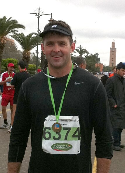 Lt. Col. Andy Hamann completed a half marathon in 1 hour, 45 minutes, during his recent visit to Marrakech, Morocco. He was invited to attend a T-6C Texan II acceptance ceremony Feb. 1, by the Moroccan air force chief of staff. (Courtesy photo)