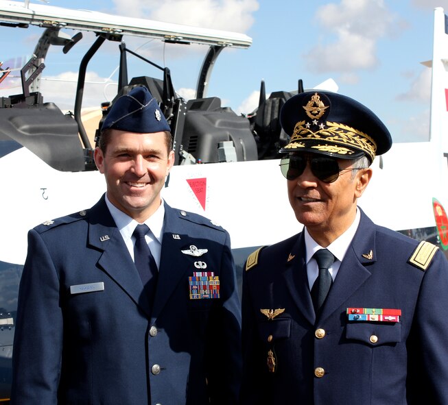 Lt. Col. Andy Hamann, left, and Moroccan air force chief of staff, Gen. Ahmed Boutaleb, standing in front of one of four new T-6C Texan II trainer aircraft, accepted by the Moroccan air force during a ceremony held in Marrakech Feb. 1. Colonel Hamann, now an instructor pilot with the 8th Flying Training Wing at Vance, was assigned to the American Embassy in Rabat, Morocco, when the Moroccan air force decided to buy the T-6Cs. (Courtesy photo)