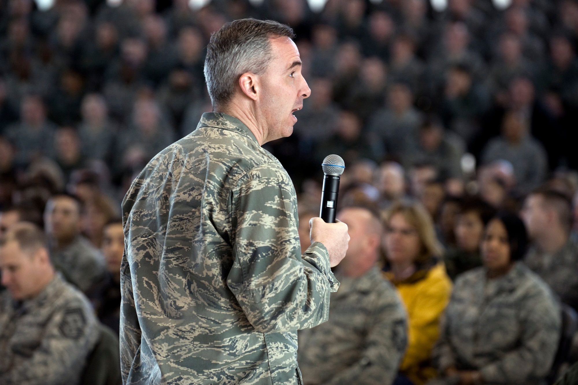 Col. Stephen N. Whiting, 21st Space Wing commander, tells Airmen he believes they are ready for the Operational Readiness Inspection and Unit Compliance Inspection starting Feb. 27. Colonel Whiting spoke to Airmen during a commander’s call Feb. 18 in Hangar 140. He said he welcomes the inspectors from Headquarters Air Force Space Command so that they can see the hard work the wing does every day. (U.S. Air Force photo/Craig Denton)