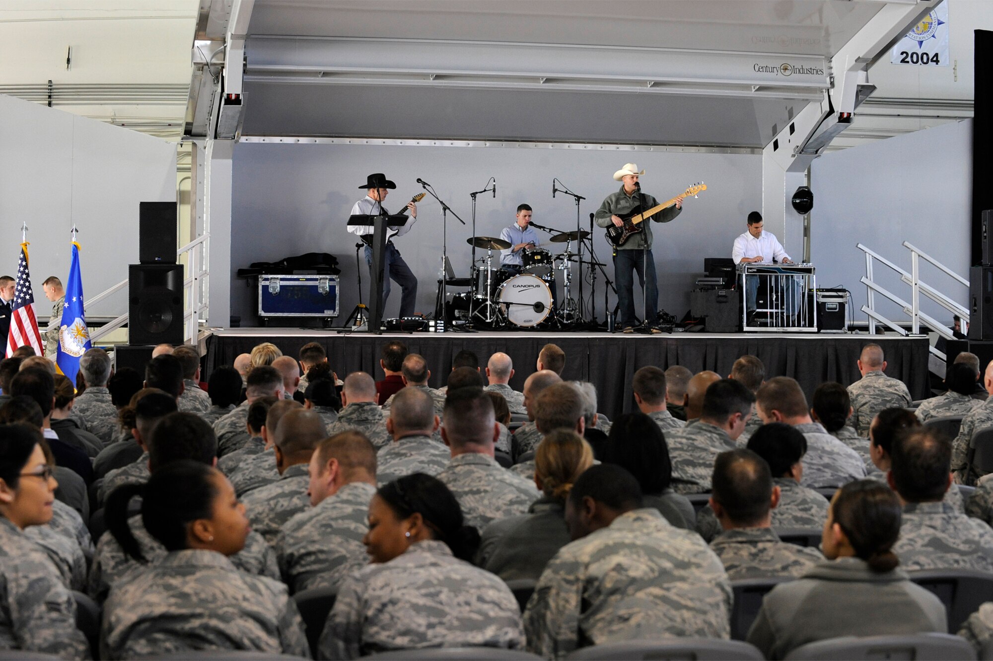 U.S. Air Force Academy Band Wild Blue Country got the 21st Space Wing pumped before the commander’s call and Wingman Day activities Feb. 18 in Hangar 140. (U.S. Air Force photo/Craig Denton)