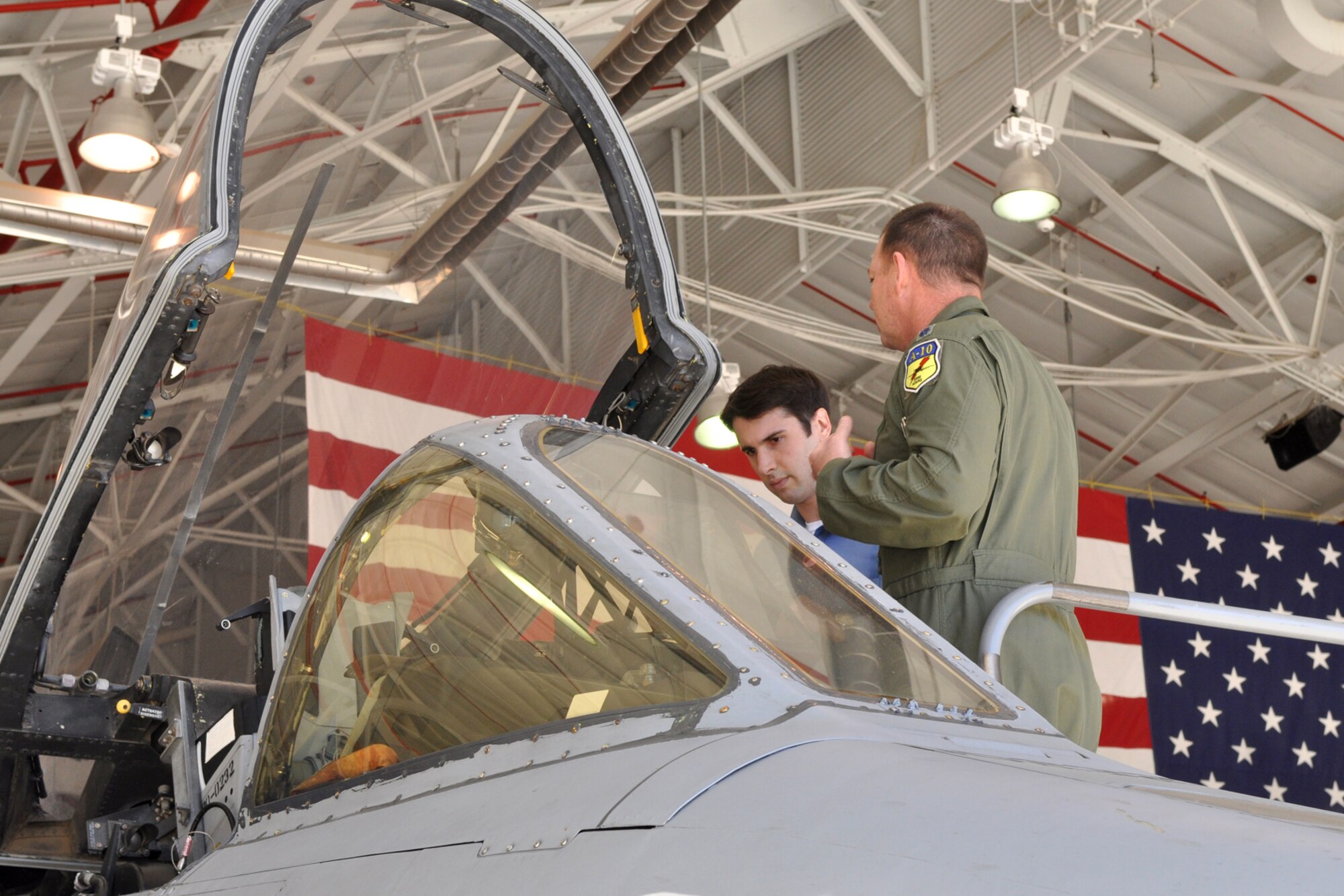 Lt. Col. James Macaulay, deputy commander, 917th Fighter Group, discusses the capabilities of the A-10 Thunderbolt II, to Mr. Ross Nodurft, who is a congressional staffer to Senator Mary Landrieu, during his visit to the 307th BW and 917th Fighter Group at Barksdale Air Force Base, La., Feb. 22, 2011. Mary Loretta Landrieu is the senior United States Senator from the State of Louisiana. Mr. Nodurft made the visit to Barksdale to discuss base issues, facilities and future base plans. His visit also included stops at Air Force Global Strike Command and 2nd Bomb Wing facilities. (U.S. Air Force photo/Tech. Sgt. Jeff Walston)