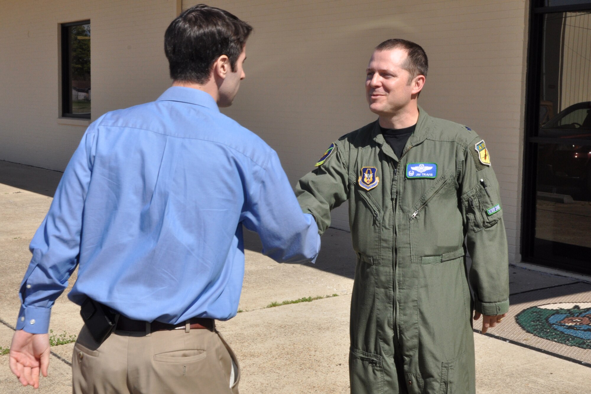 Lt. Col. James Travis, commander, 47th Fighter Squadron, greets Mr. Ross Nodurft, who is a congressional staffer to Senator Mary Landrieu, during his visit to the 307th BW and 917th Fighter Group at Barksdale Air Force Base, La., Feb. 22, 2011. Mary Loretta Landrieu is the senior United States Senator from the State of Louisiana. Mr. Nodurft made the visit to Barksdale to discuss base issues, facilities and future base plans. His trip also included stops at Air Force Global Strike Command and 2nd Bomb Wing facilities. (U.S. Air Force photo/Tech. Sgt. Jeff Walston)