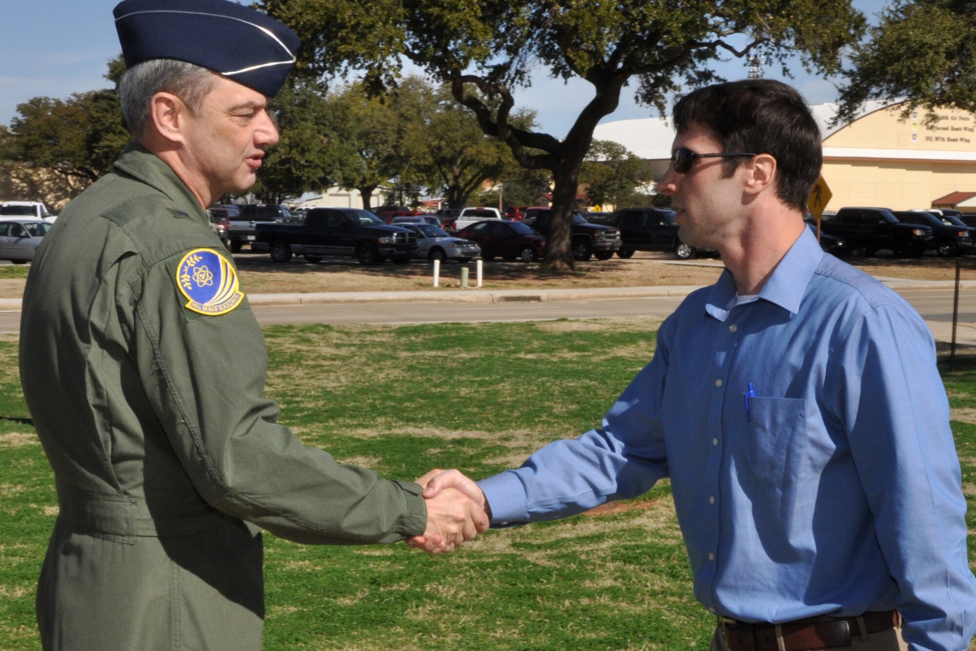 Brig. Gen. John J. Mooney III, commander, 307th Bomb Wing, greets Mr. Ross Nodurft, who is a congressional staffer to Senator Mary Landrieu, during his visit to the 307th BW and 917th Fighter Group at Barksdale Air Force Base, La., Feb. 22, 2011. Mary Loretta Landrieu is the senior United States Senator from the State of Louisiana. Mr. Nodurft made the visit to Barksdale to discuss base issues, facilities and future base plans. His visit also included stops at Air Force Global Strike Command and 2nd Bomb Wing facilities. (U.S. Air Force photo/Tech. Sgt. Jeff Walston)
