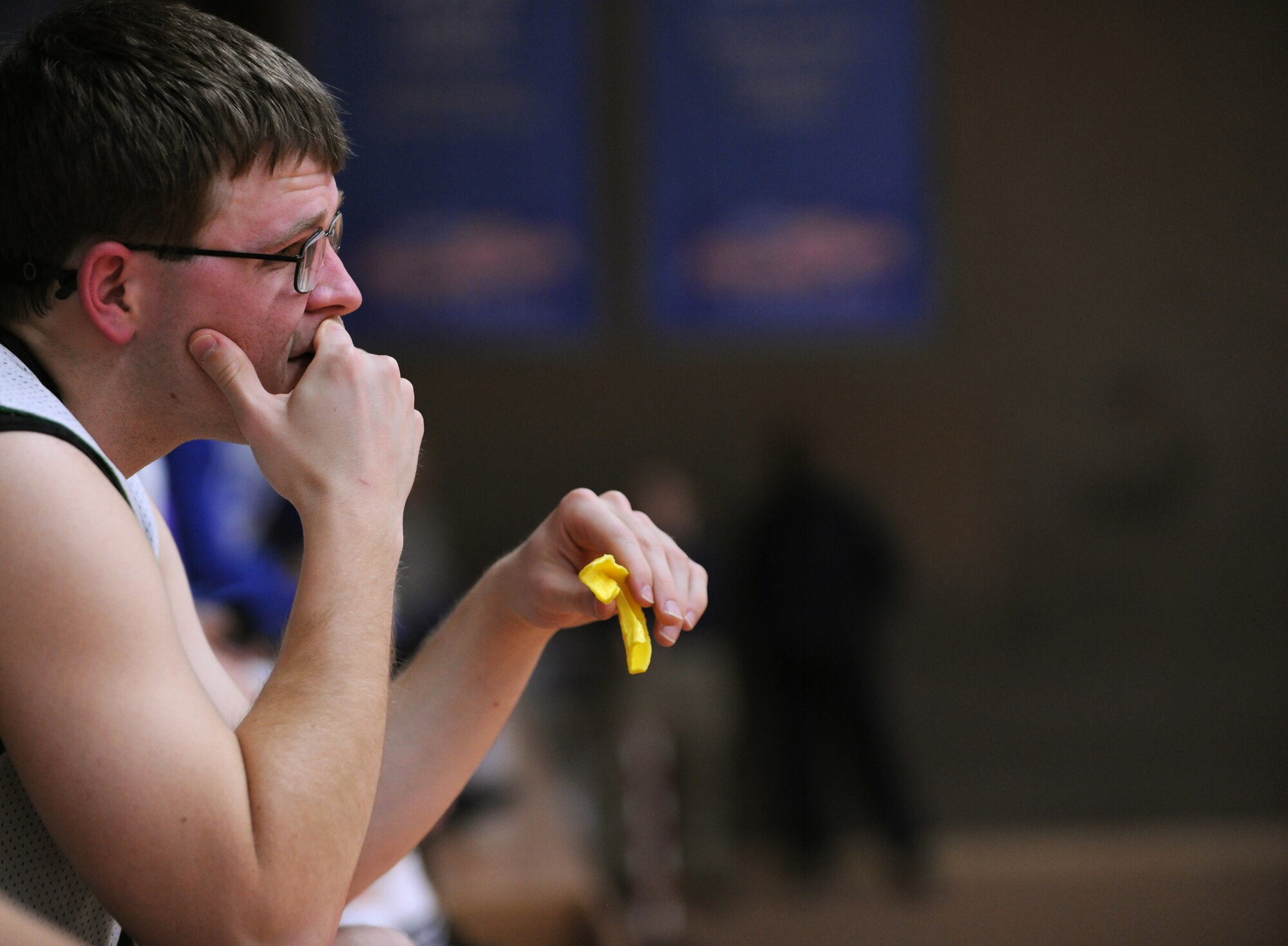 SPANGDAHLEM AIR BASE, Germany – Gregory Parks, 606th Air Control Squadron team coach, watches his team during the first game of the indoor soccer season Feb. 22 at the Skelton Memorial Fitness Center. The 81st FS team crushed the 606th ACS 13-1. (U.S. Air Force photo/Staff Sgt. Benjamin Wilson)