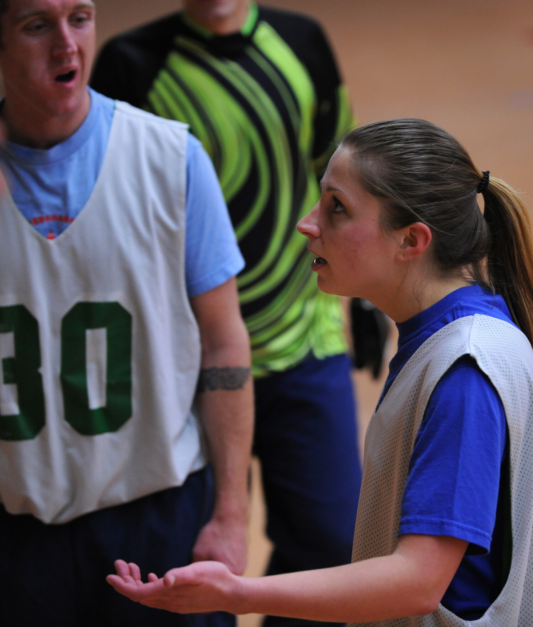 SPANGDAHLEM AIR BASE, Germany – Tabitha Smith, 606th Air Control Squadron, speaks with her teammates about the team’s first-half play during halftime of the first game of the indoor soccer season Feb. 22 at the Skelton Memorial Fitness Center. The 81st FS team crushed the 606th ACS 13-1. (U.S. Air Force photo/Staff Sgt. Benjamin Wilson)