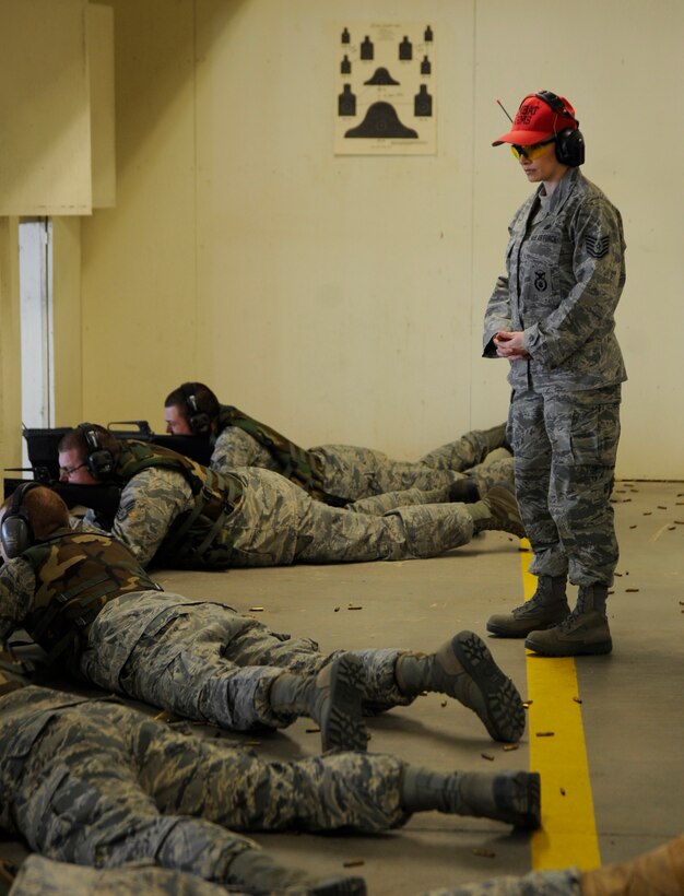 MOUNTAIN HOME AIR FORCE BASE, Idaho -- Tech. Sgt. Terry VanDam, 366th Security Forces Squadron combat arms instructor, ensures the safety of students during the Unit Compliance Inspection Feb. 15. (U.S. Air Force photo by Airman 1st Class Renishia Richardson) 