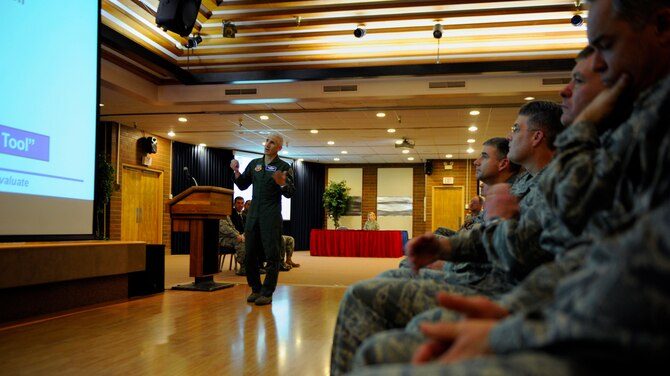 MOUNTAIN HOME AIR FORCE BASE, Idaho -- Col. David Lujan, Air Combat Command F-16 weapons and tactics instructor, briefs MHAFB unit leaders on the Unit Compliance Inspection team schedule for the week here Feb. 13. A UCI is one of the single most significant inspections a base can receive.  (U.S. Air Force photo by Airman 1st Class Renishia Richardson)