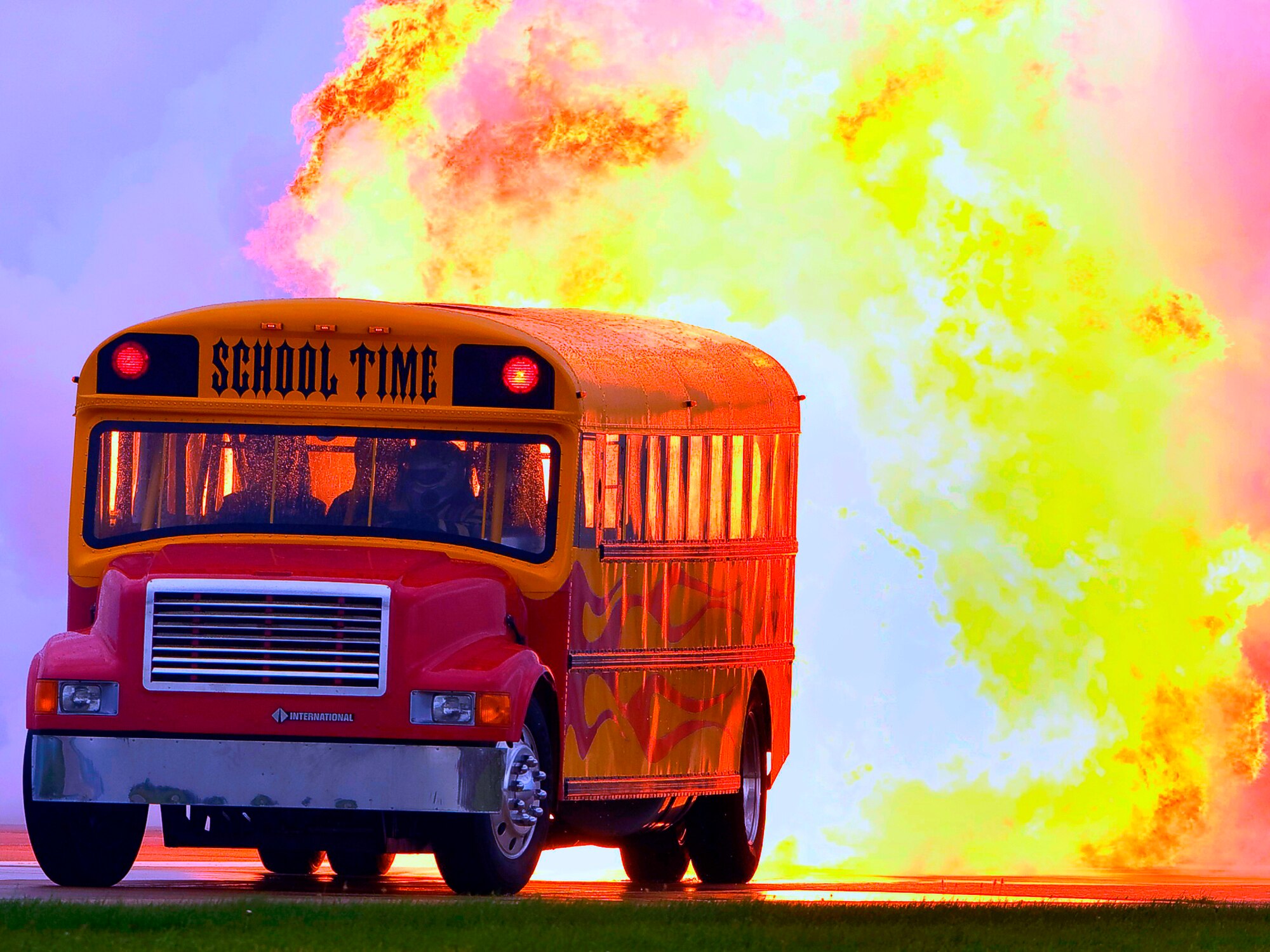 The Jet Bus, driven by Mr. Paul Stender, spouts a flame of up to 75 feet and is the largest jet-powered vehicle in the world. (U.S. Air Force courtesy photo)