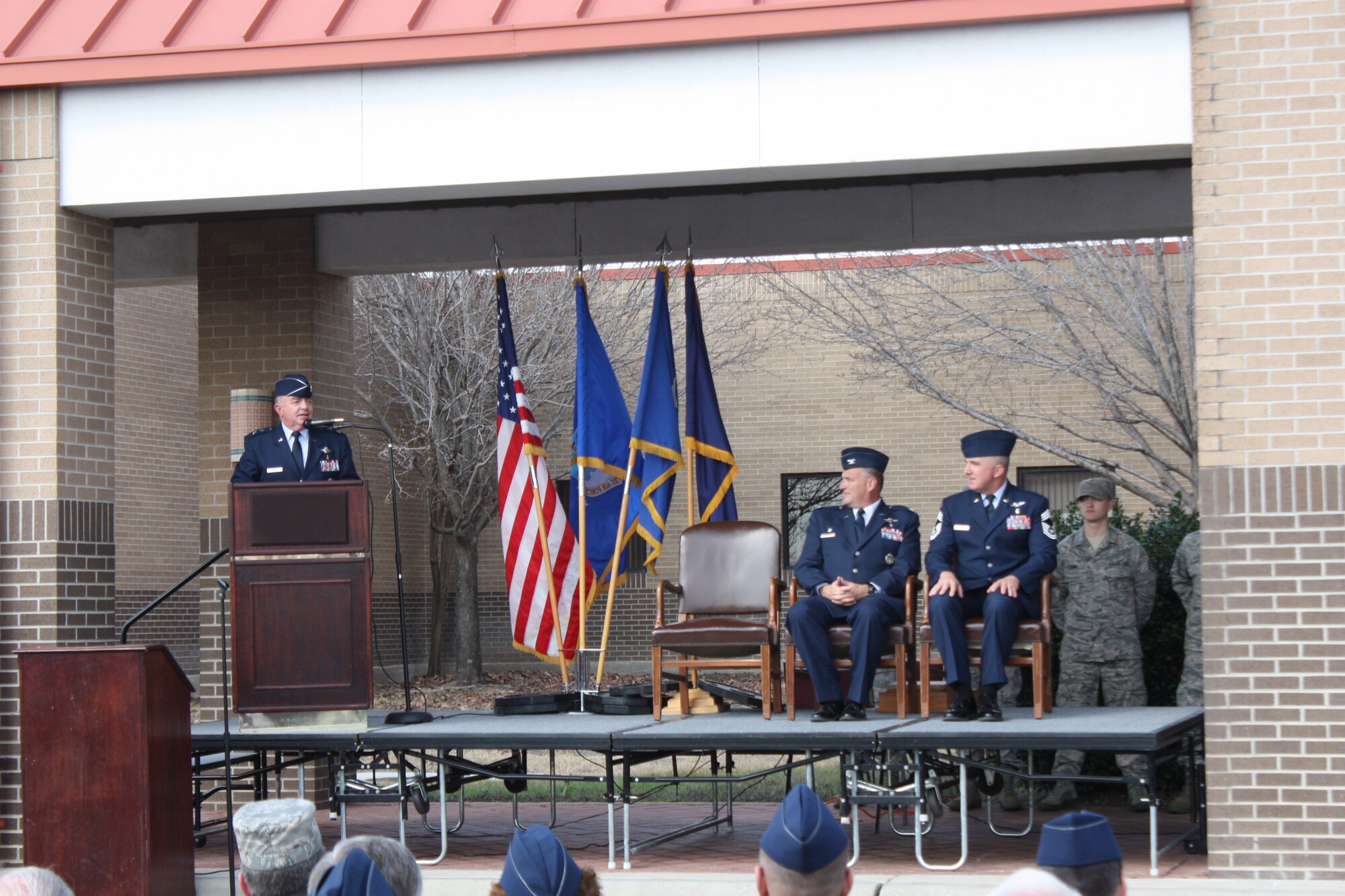 The USAF School of Aerospace Medicine celebrated its transition to Wright-Patterson AFB, OH on Thursday Feb. 17th at Brooks City-Base in San Antonio, TX.    The Deputy Surgeon General of the AF, Major General Tom Travis, spoke about the personal attachment that he has to USAFSAM and Brooks City-Base and the importance of the mission during the school’s transition to Wright-Patterson AFB, Ohio.  USAFSAM is relocating from Brooks City-Base in San Antonio, Texas, to Wright-Patterson Air Force Base as part of the nation’s 2005 base realignment and closure decisions. The school is part of the Air Force Research Laboratory’s 711th Human Performance Wing. Photo by Amy Velasquez, USAFSAM/EDD.