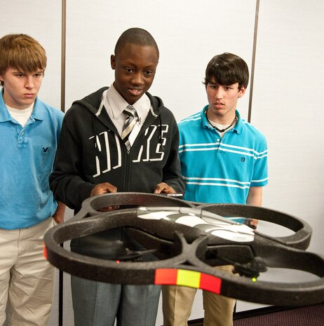 High school students control an unmanned aerial vehicle during SPAWAR Systems Center Atlantic’s Information Technology Job Shadow Day Feb. 14, on Joint Base Charleston-Weapons Station. (courtesy photo)