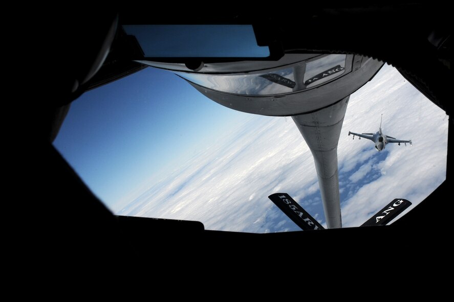 An F-16 C+ aircraft from the 132nd Fighter Wing (132FW), Des Moines, Iowa approaches the boom of a KC-135 fuel tanker from the 185th Air Refueling Wing (185ARW) of Sioux City, Iowa on February 22, 2011 in preparation to be refueled.  The 132FW and 185ARW are currently deployed in Australia, engaged in Dissimilar Air Combat Training mission, "Sentry Down Under", with the Royal Australian Air Force, Williamtown.  (US Air Force photo/Staff Sgt. Linda E. Kephart) (Released)    