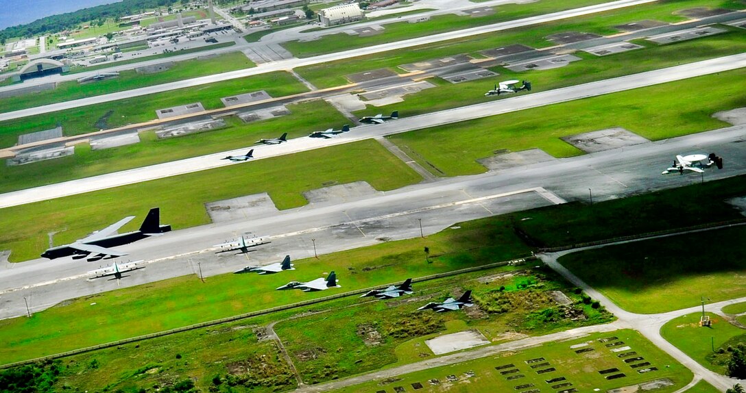 A U.S. Air Force B-52 Stratofortress from the 20th Expeditionary Bomb Squadron leads a formation over Guam, Feb. 21, 2011. The formation includes two U.S. Air Force F-16 Fighting Falcon assigned to the 18th Aggressor Squadron; an F-16CJ Fighting Falcon from Misawa, Japan; an F-15J Eagle from Chitose Japan; two Japanese Air Self-Defense Force F-2 attack fighters from the 6th Tactical Fighter Squadron; two U.S. Navy EA-6B Prowler aircraft from the Electronic Attack Squadron; a U.S. Navy E-2C Hawkeye and a Japanese E-2C Hawkeye. 