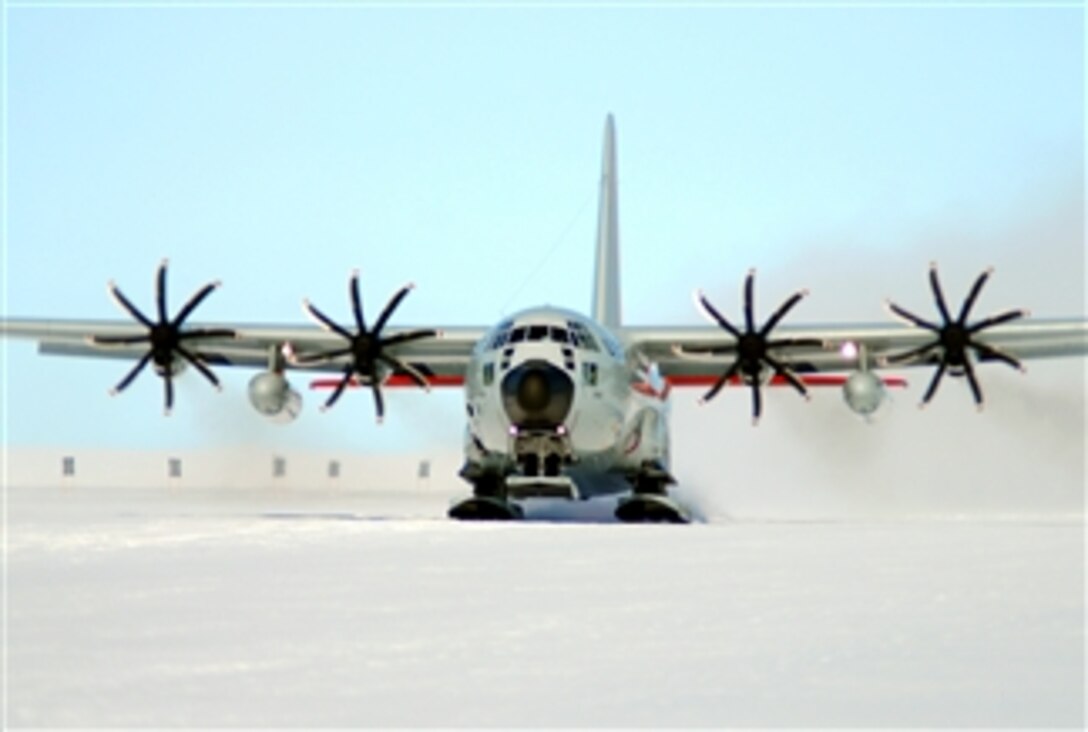 A ski-equipped LC-130 Hercules aircraft from the New York Air National Guardís 109th Airlift Wing takes off during an Operation Deep Freeze mission in Antarctica on Feb. 2, 2011.  The 109th Airlift Wing flies the Antarctic missions from Christchurch, New Zealand.  