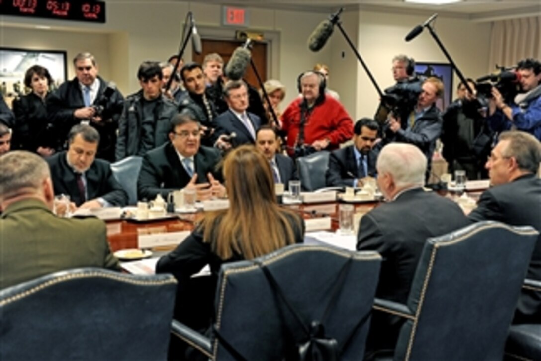 Afghan Minister of the Interior Bismullah Mohammadi (3rd from left) and Defense Minister Abdul Rahim Wardak participate in the first U.S. - Afghan security consultations forum in the Pentagon on Feb. 23, 2011.  Secretary of Defense Robert M. Gates (2nd from right) hosted the event that it is hoped will become a twice-yearly event.  Among the senior advisors and regional experts joining Gates for the meeting are Vice Chairman of the Joint Chiefs of Staff Gen. James Cartwright (left), U.S. Marine Corps, Under Secretary of Defense for Policy Michele Flournoy and Deputy U.S. Ambassador to Afghanistan T. H. Anthony Wayne.  A large gathering of reporters and photograpers was allowed to observe the opening statements by Gates and Wardak.  