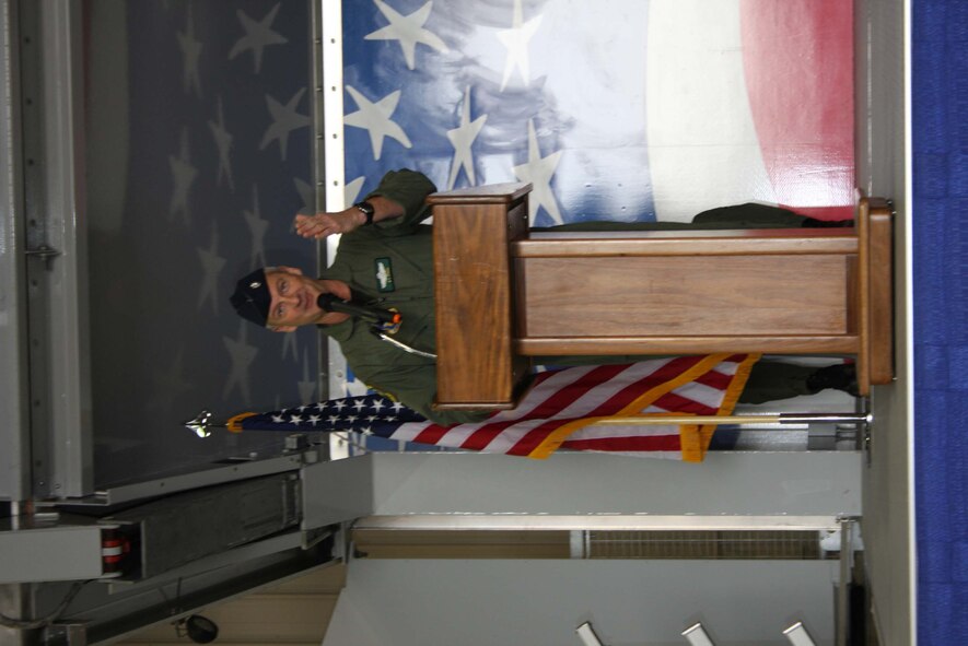 Lt. Col. Brian Davis speaks to the crowd gathered at his change of command ceremony on Feb. 22. (USAF photo by Capt. Shiraz Dalal, 911ARS)