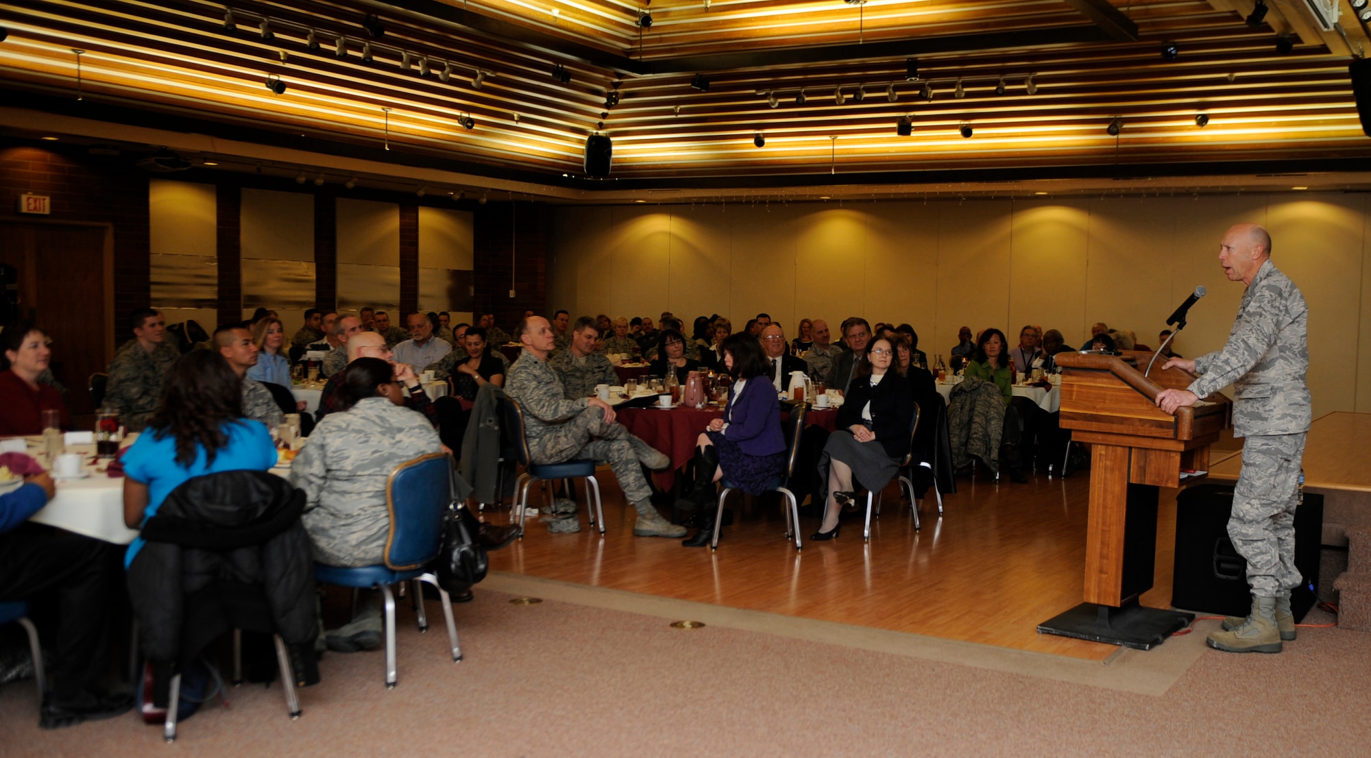 MOUNTAIN HOME AIR FORCE BASE, Idaho -- Chaplain (Col.) Howard Stendahl, Air Combat Command chaplain, speaks to Gunfighters and distinguished guest during the National Prayer Luncheon Feb. 22 at the Gunfighter Club. Chaplain Stendahl ensures ACC chaplains and their assistants are ready and prepared for global deployment.  (U.S. Air Force photo by Airman 1st Class Renishia Richardson)
