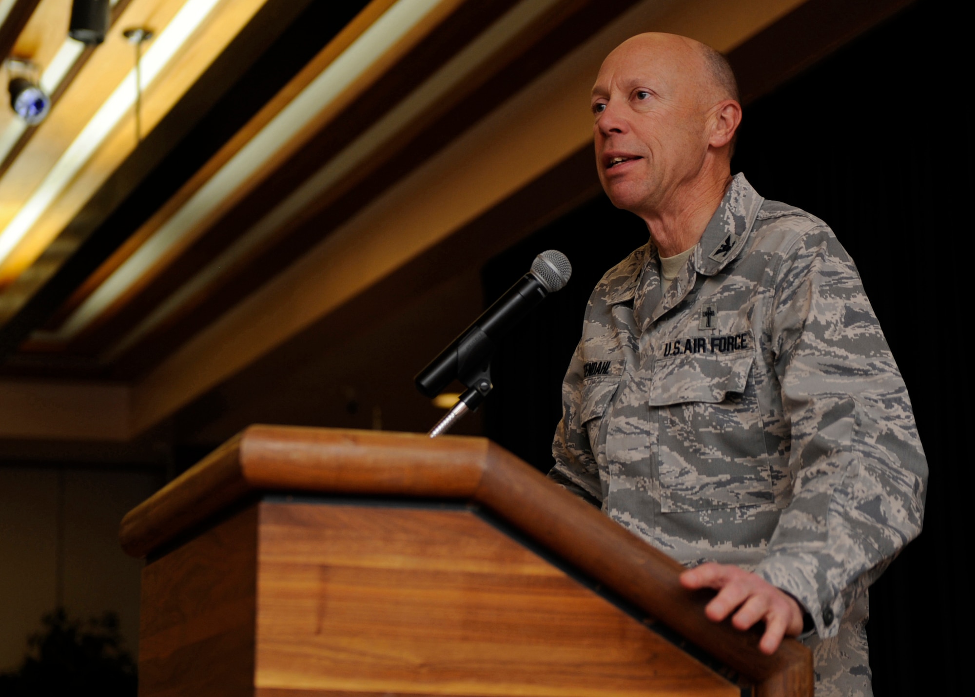 MOUNTAIN HOME AIR FORCE BASE, Idaho -- Chaplain (Col.) Howard Stendahl, Air Combat Command chaplain, speaks during the National Prayer Luncheon Feb. 22 at the Gunfighter Club. Chaplain Stendahl ensures ACC chaplains and their assistants are ready and prepared for global deployment. (U.S. Air Force photo by Airman 1st Class Renishia Richardson)