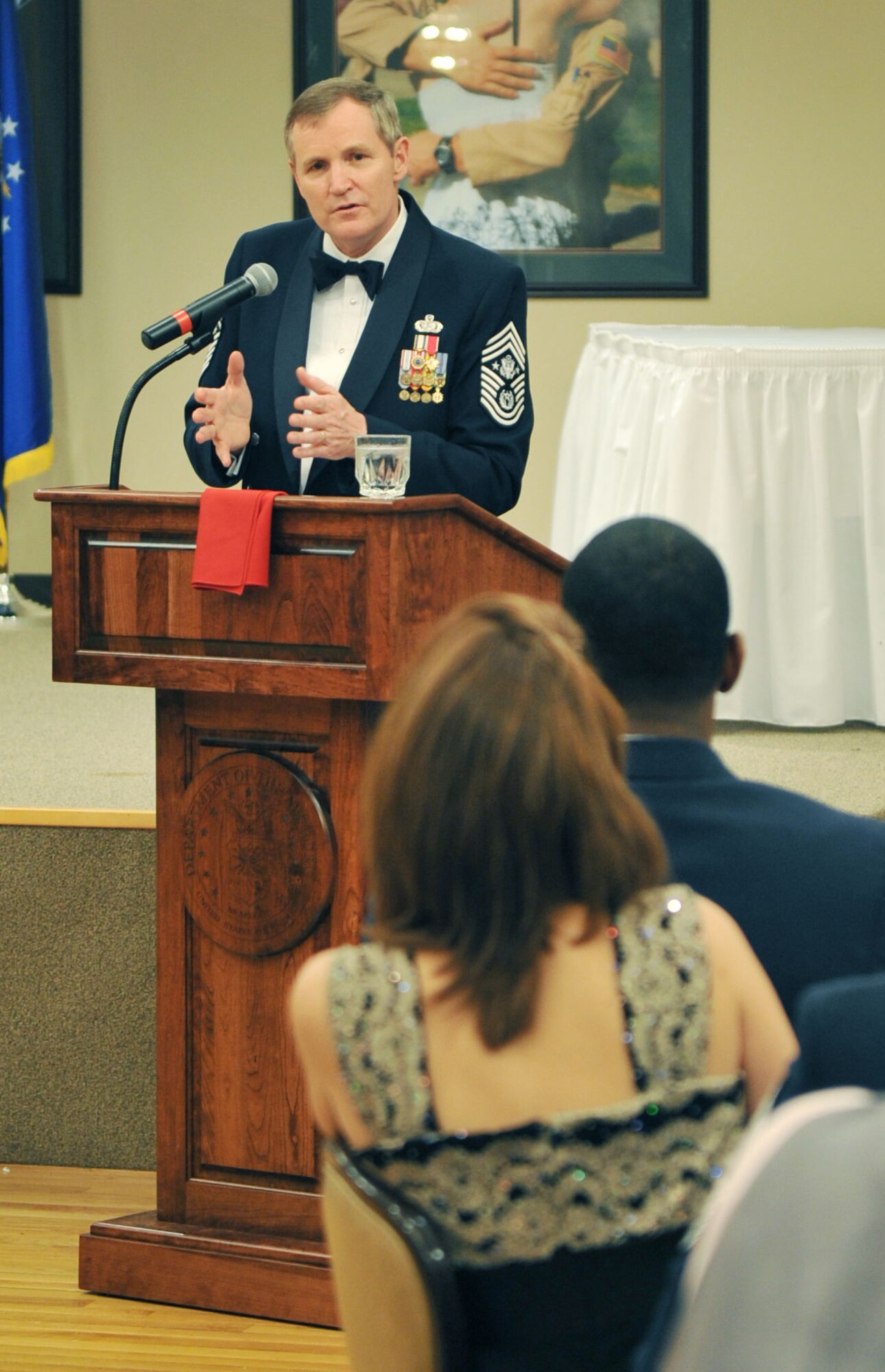 Retired Chief Master Sgt. of the Air Force Eric Benken speaks at the Chief’s Induction Ceremony at Little Rock Air Force Base, Ark., Feb. 18, 2011. Chief Beken was the twelfth chief master sergeant of the Air Force. (U.S. Air Force Photo by Airman 1st Class Rusty Frank)