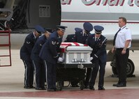 Members of the Lackland Air Force Base Honor Guard transfer the remains of Airman 1st Class Corey C. Owens at Lackland's Kelly Field flightline Feb. 24. Airman Owens died Feb. 17 during a deployment to Al Asad Air Base, Iraq, in support of Operation New Dawn. He was assigned to the 47th Security Forces Squadron, Laughlin Air Force Base, Texas. (U.S. Air Force photo/Tony Morano)  