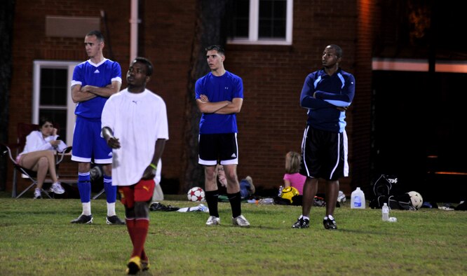 VALDOSTA, Ga.-- Three team members from Moody stand on the sidelines during their 4-1 loss to the Valdosta State University Blazers soccer team Feb. 22. The game was a rematch to the team’s earlier season loss against VSU. (U.S. Air Force photo/Airman 1st Class Joshua Green)(RELEASED)
