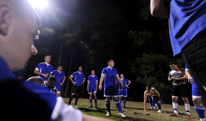 VALDOSTA, Ga.-- Members from Moody gather together in a huddle during half-time of a soccer rematch against the Valdosta State University Blazers soccer team Feb. 22. The Moody team played the Blazers earlier in the season, losing big, but were very confident coming into this game. (U.S. Air Force photo/Airman 1st Class Joshua Green)(RELEASED)
