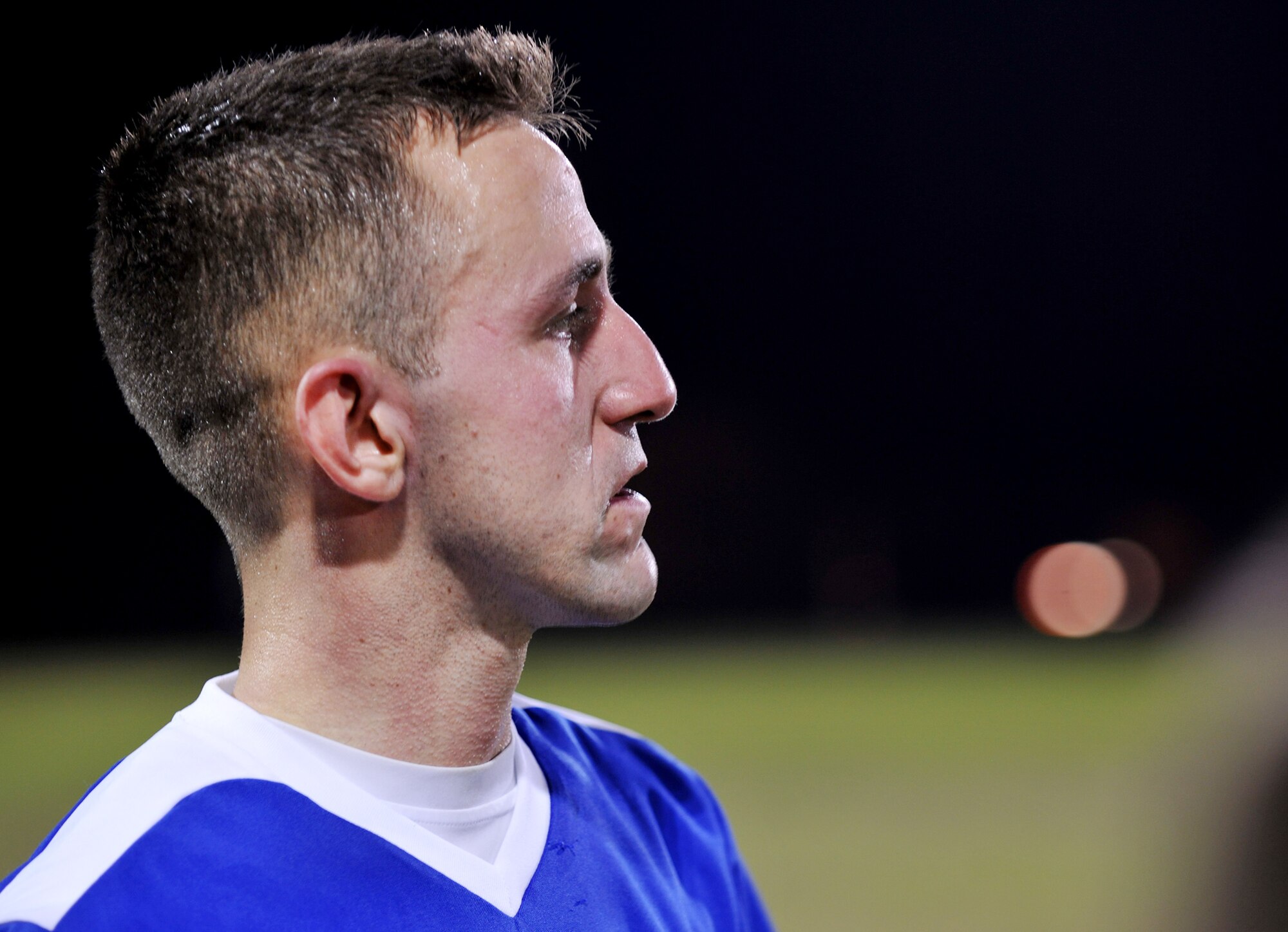 VALDOSTA, Ga.--  Joseph Foster, player from the Moody’s soccer team, looks at the game from the sidelines during a rematch against the Valdosta State University soccer team Feb. 22. Team Moody couldn’t overcome the offensive attack put on by the VSU blazers soccer team and fell short trying to gain a victory in the rematch. (U.S. Air Force photo/Airman 1st Class Joshua Green)(RELEASED)
