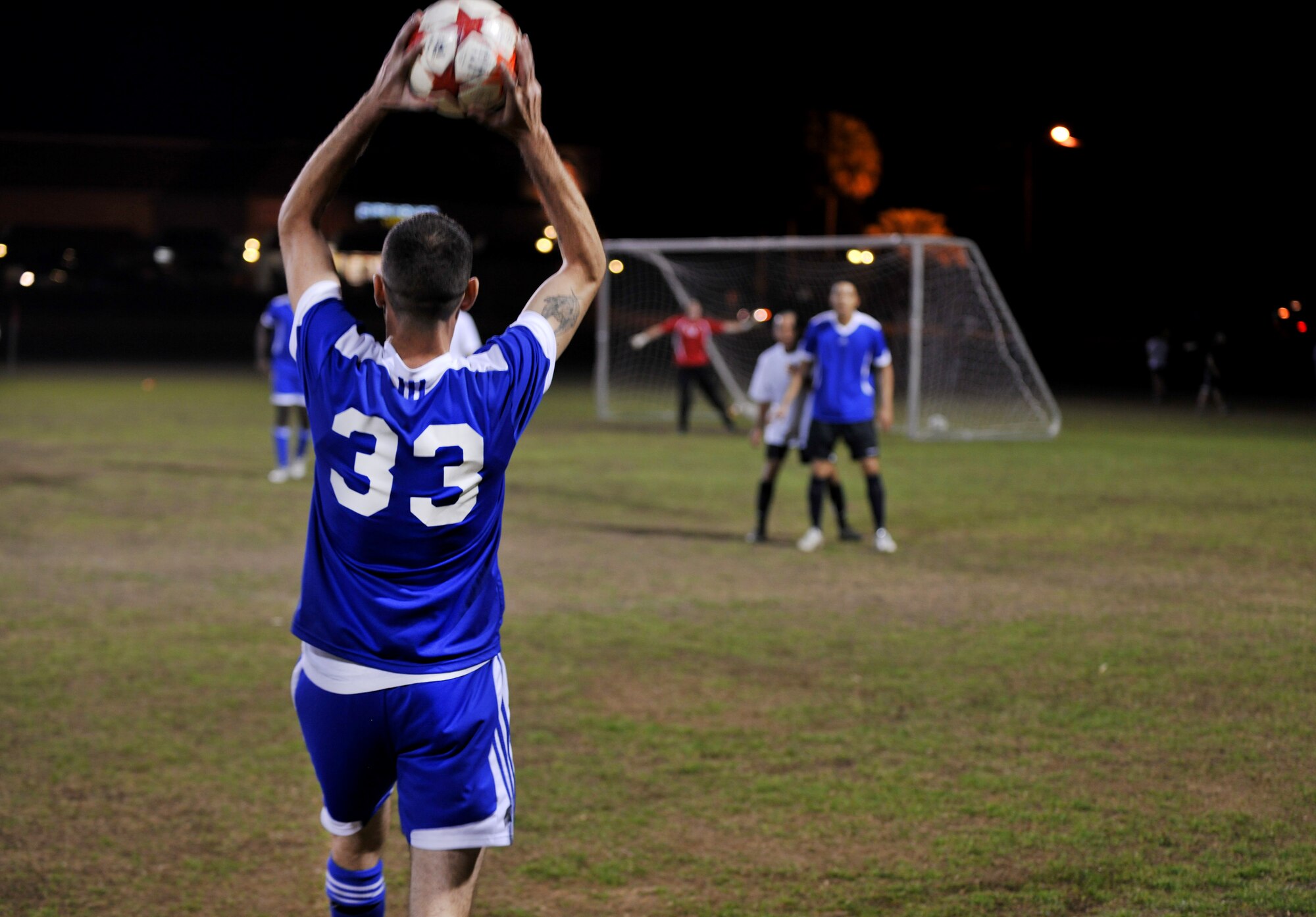 VALDOSTA, Ga.-- A player from Moody throws in the ball during a soccer rematch against the Valdosta State University Blazers soccer team Feb. 22. Even with good runs and a solid team effort, Moody lost the match against VSU 4-1. (U.S. Air Force photo/Airman 1st Class Joshua Green)(RELEASED)
