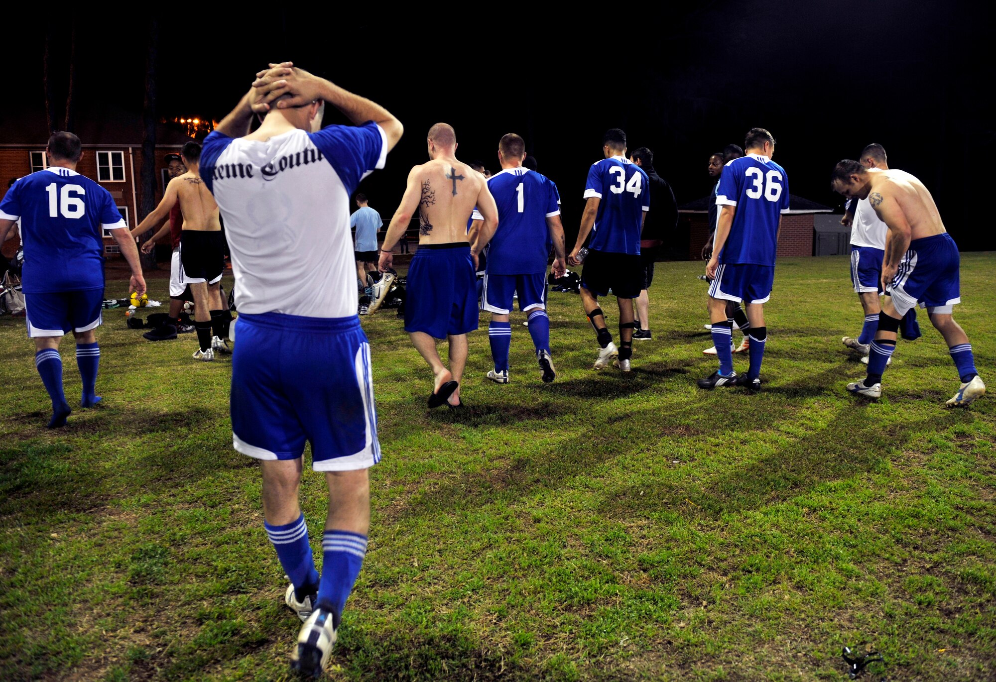VALDOSTA, Ga.-- Players from Moody’s soccer team walk away from the field after taking a loss to the Valdosta State University blazers soccer team during a rematch Feb. 22. The team came out to try and gain a victory for their head coach Timothy Fry, who was coaching his last game before his deployment. VSU came out on top with a 4-1 victory. (U.S. Air Force photo/Airman 1st Class Nicholas Benroth)(RELEASED)

