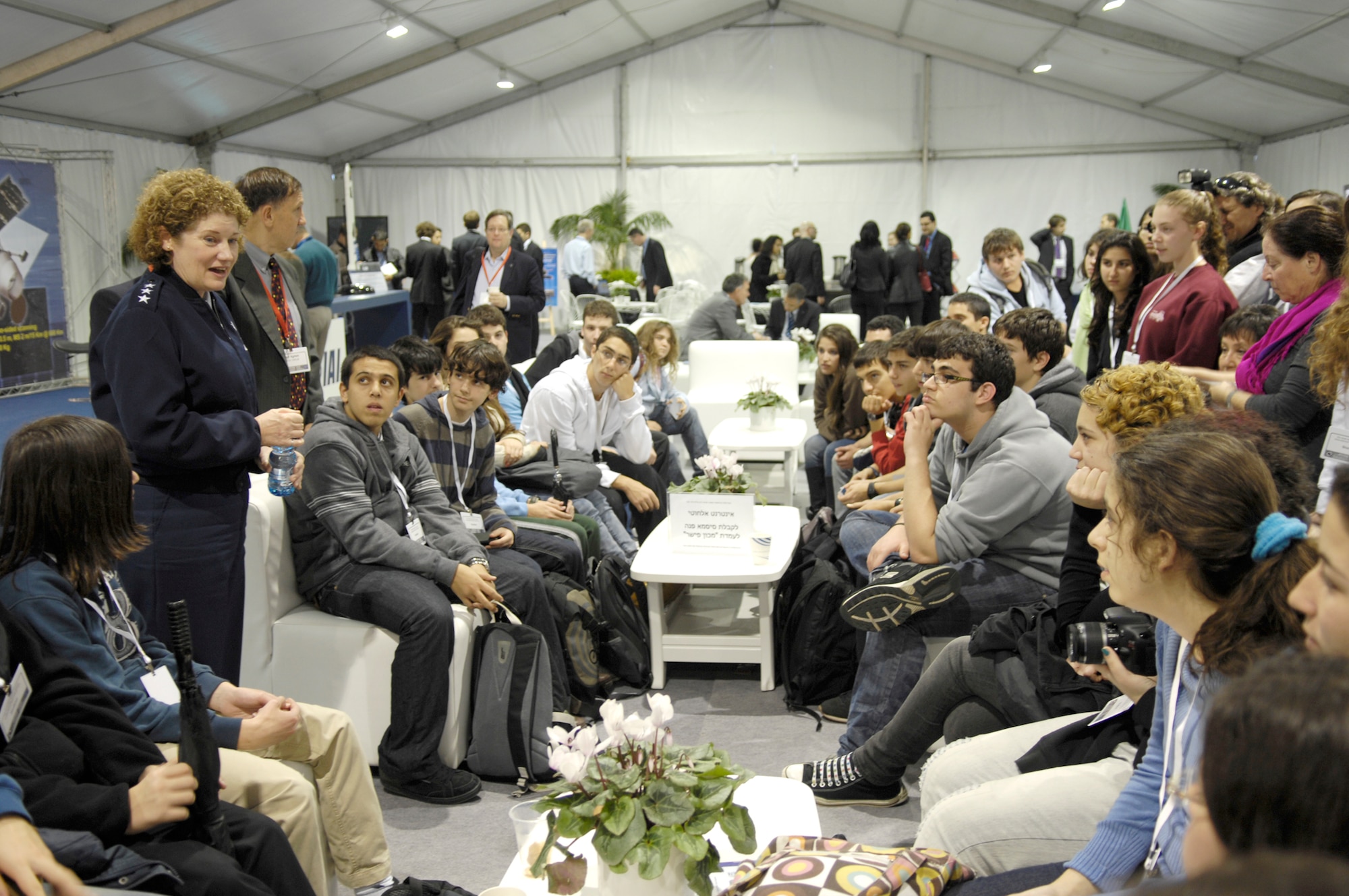 Lt. Gen. Susan Helms speaks with students at the Sixth Annual Ilan Ramon International Space Conference in Tel-Aviv, Israel, Jan. 30, 2011. The students used this opportunity to ask the general questions about her assignment as an astronaut with NASA. During her two-day visit to Tel-Aviv, General Helms delivered a keynote speech at the conference and met with Israeli military leaders. General Helms is the commander of U.S. Strategic Command's Joint Functional Component Command for Space. (U.S. Air Force photo/Major Stacie N. Shafran)