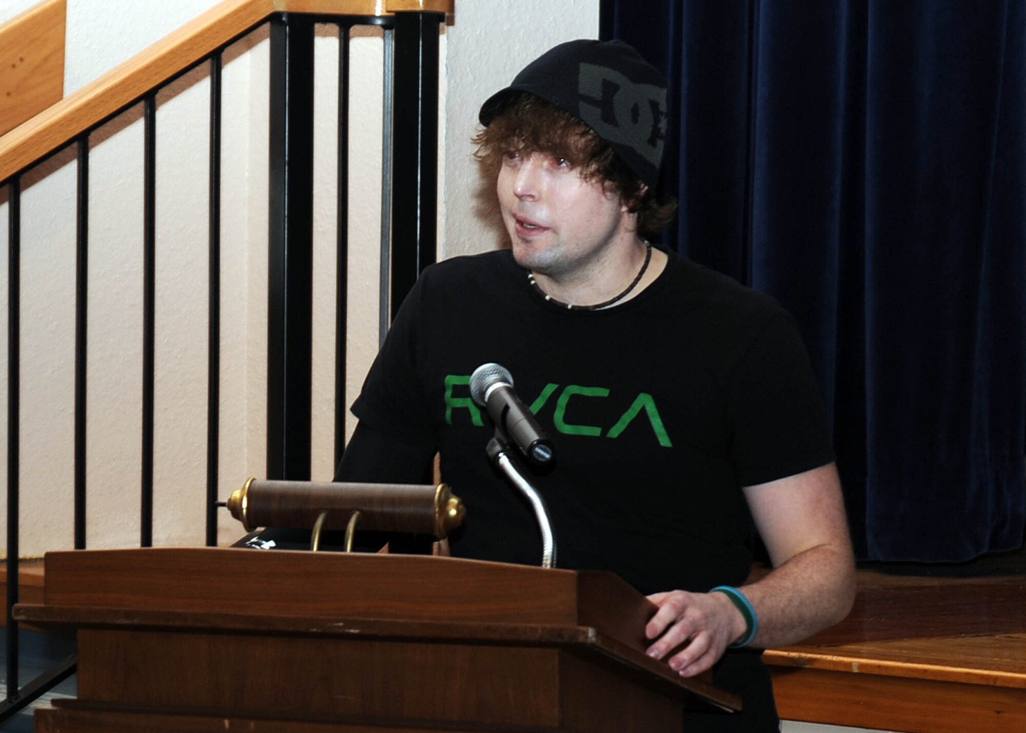 Jared Estes, survivor of a drunk-driving accident, tells his story to members of the 22nd Air Refueling Wing at the base theater, Feb. 18, 2011, McConnell Air Force Base, Kan. Estes lost his wife of six months and suffered severe burns on 50 percent of his body during the car accident, which occurred in 2005 on Kellogg Avenue in Wichita, Kan.  (U.S. Air Force photo/Staff Sgt. Dallas Edwards)