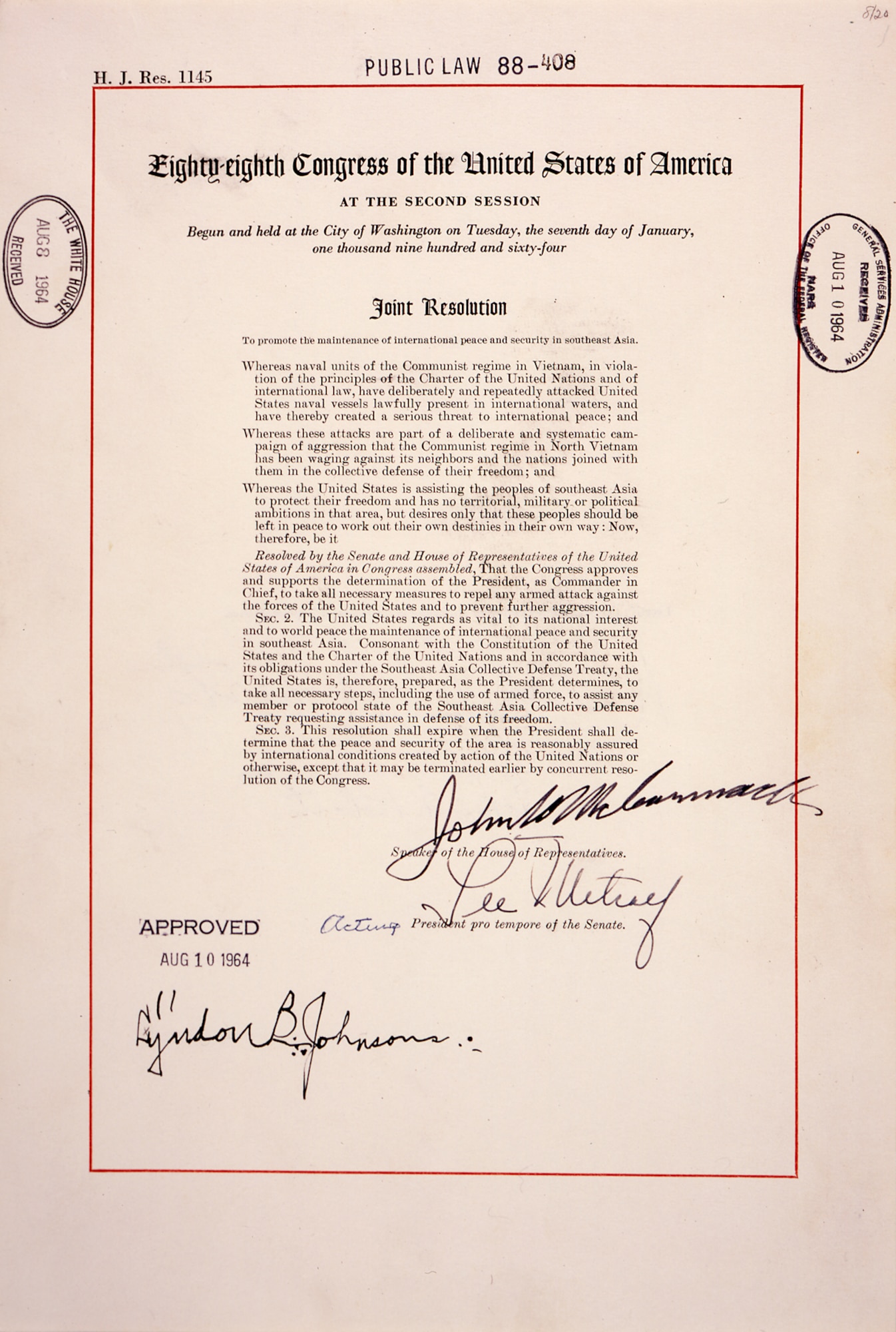 Copy of H.J. Res. 1145: The Tonkin Gulf Resolution.(U.S. Air Force image)