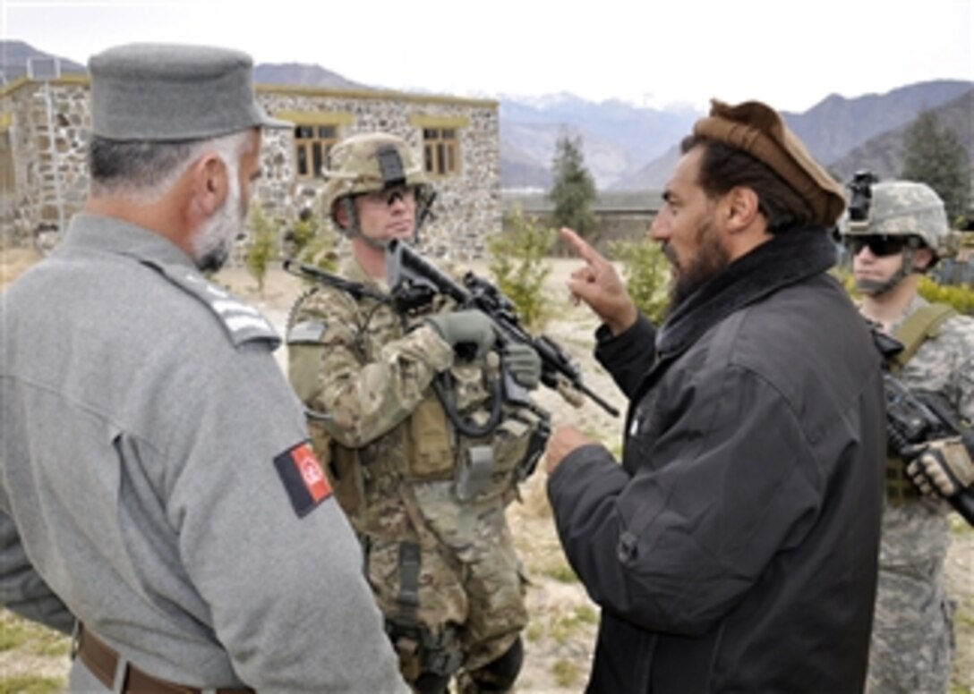 U.S. Army Capt. Garrett Gingrich (2nd from left), the commander of Charlie Company, 1st Battalion, 133rd Infantry Regiment, listens to Dr. Mehirulla Muslim (2nd from right), the Nurgaram district sub-governor, at the Nangaresh girlsí school in the Nurgaram district of Nuristan, Afghanistan, on Feb. 21, 2011.  Gingrich represented Forward Operating Base Kalagush during a grand opening ceremony for a completed solar panel project.  The project, which will supply village schools with 15 kilowatts of power and electricity, was sponsored by the U.S. Agency for International Development and the Nuristan Provincial Reconstruction Team.  