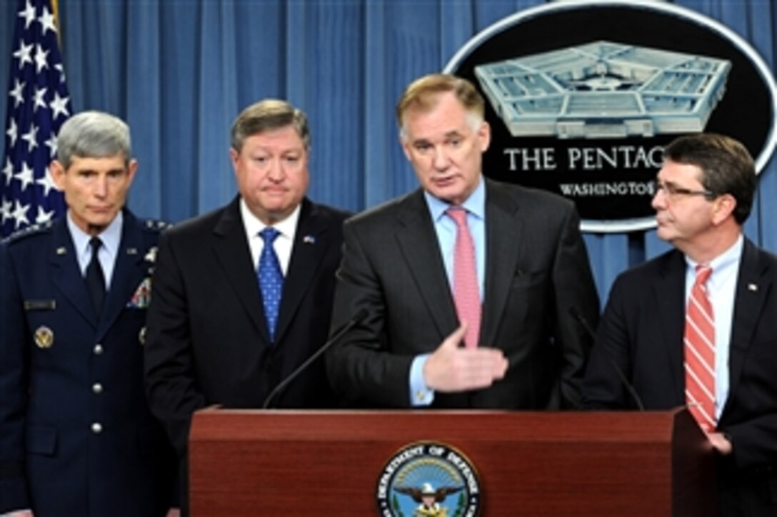 Air Force Chief of Staff Gen. Norton A. Schwartz (left), Secretary of the Air Force Michael B. Donley, Deputy Secretary of Defense William J. Lynn III and Under Secretary of Defense for Acquisition, Technology & Logistics Ashton B. Carter (right) speak with members of the press about the KC-X contract announcement in the Pentagon on Feb. 24, 2011.  