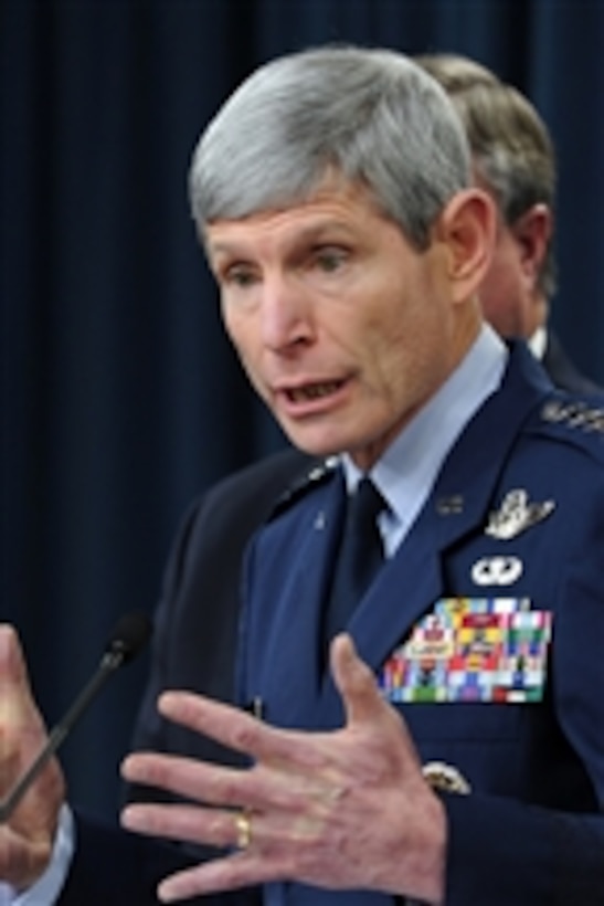 Air Force Chief of Staff Gen. Norton A. Schwartz speaks with members of the press about the KC-X contract announcement during a briefing with Secretary of the Air Force Michael B. Donley, Deputy Secretary of Defense William J. Lynn III and Under Secretary of Defense for Acquisition, Technology & Logistics Ashton B. Carter in the Pentagon on Feb. 24, 2011.  