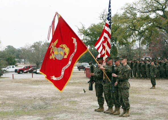 Colors are presented during a post and relief ceremony aboard Camp Lejeune, N.C., Feb. 25, 2011. Sgt. Maj. Phillip Orellano assumed his position as battalion sergeant major for Combat Logistics Battalion 6, 2nd Marine Logistics Group, after a successful tour as the company first sergeant for Headquarters Battalion, 2nd Battalion, 6th Marine Regiment, 2nd Marine Division. (U.S. Marine Corps photo by Pfc. Franklin E. Mercado)