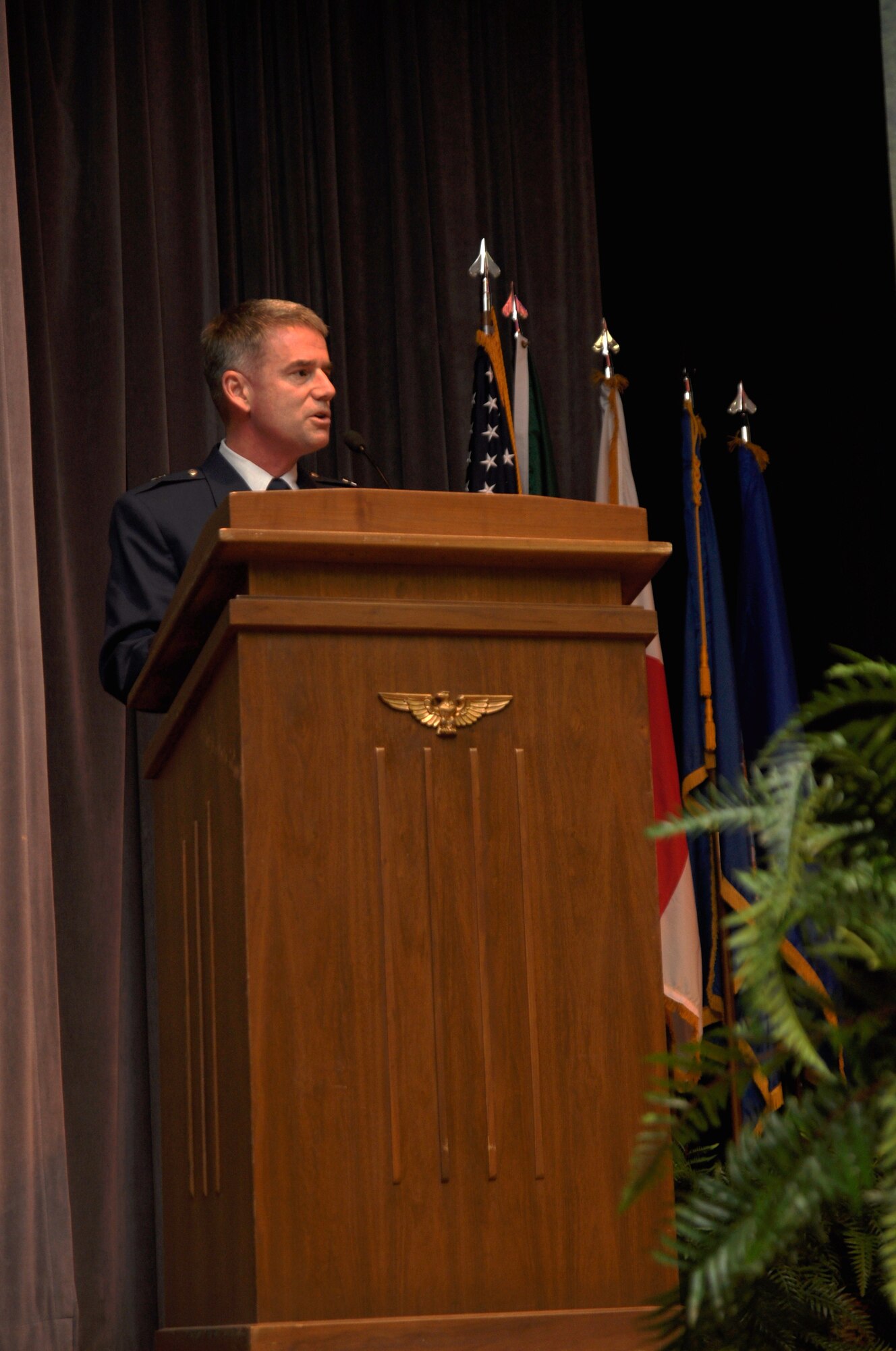 Brig. Gen. Silveria Speaks during the graduation ceremony of Class 11-05 at Kaye Auditorium on Feb. 18. General Silveria said that he wanted to impart some of what he’s learned in his 25 years of flying service. (U.S. Air Force photo/Airman 1st Class Chase Hedrick)