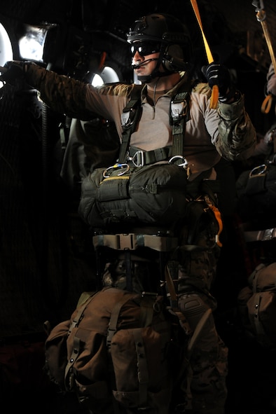 VALDOSTA, Ga. -- Staff Sgt. Paul Merck, 38th Rescue Squadron survival, evasion, resistance and escape specialist, prepares for a static line jump at the Valdosta Regional Airport Feb. 24. Sergeant Merck jumped last after ensuring all other jumpers exited the aircraft safely into the drop zone.(U.S. Air Force photo/Airman 1st Class Benjamin Wiseman)(RELEASED)