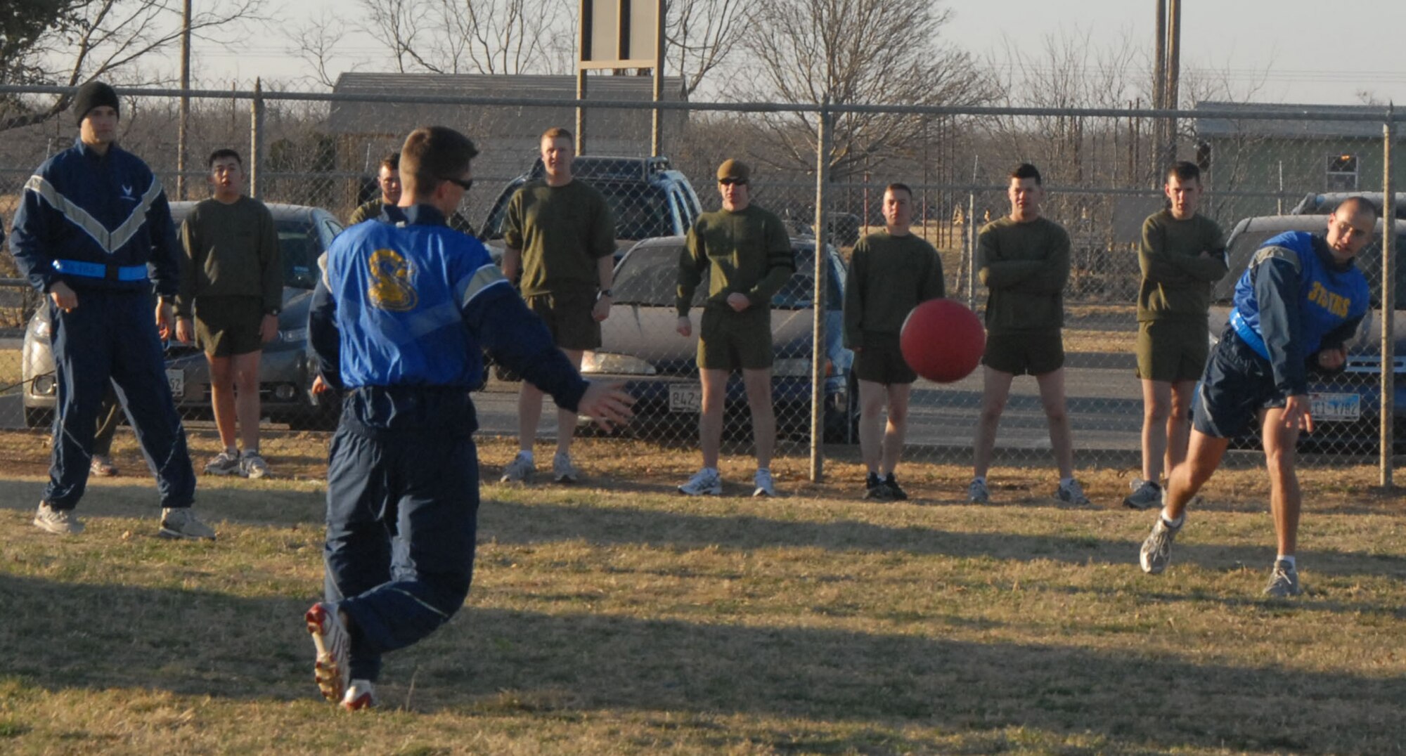 GOODFELLOW AIR FORCE BASE, Texas-- Airmen from the 315th Training Squadron battle the Marine Corps Detachment, Feb. 25, during the 17th Training Wing Quarterly Sports Day.  The half-day, morale-boosting event offers servicemembers from different branches an opportunity to challenge one another in friendly competition, (U.S. Air Force photo/Airman 1st Class Jessica Keith)  