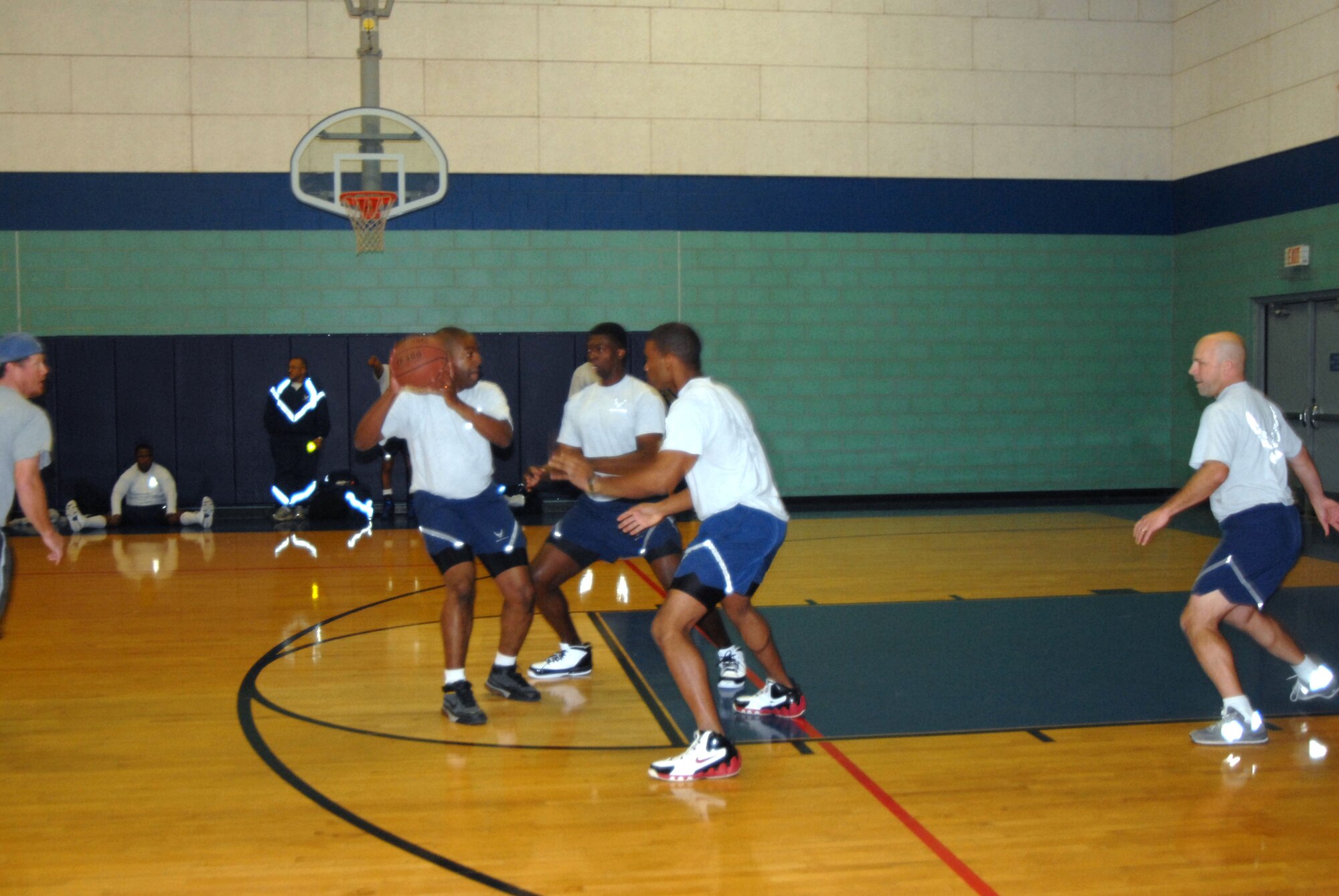 GOODFELLOW AIR FORCE BASE, Texas-- Training Support Squadron and Logistics Readiness Squadron Airmen face-off in basketball Feb. 25, during the 17th Training Wing Quarterly Sports Day.  The half-day event also offered soccer, dodge ball and relay races, as well as other sport activities. (U.S. Air Force photo/Airman 1st Class Jessica Keith)  