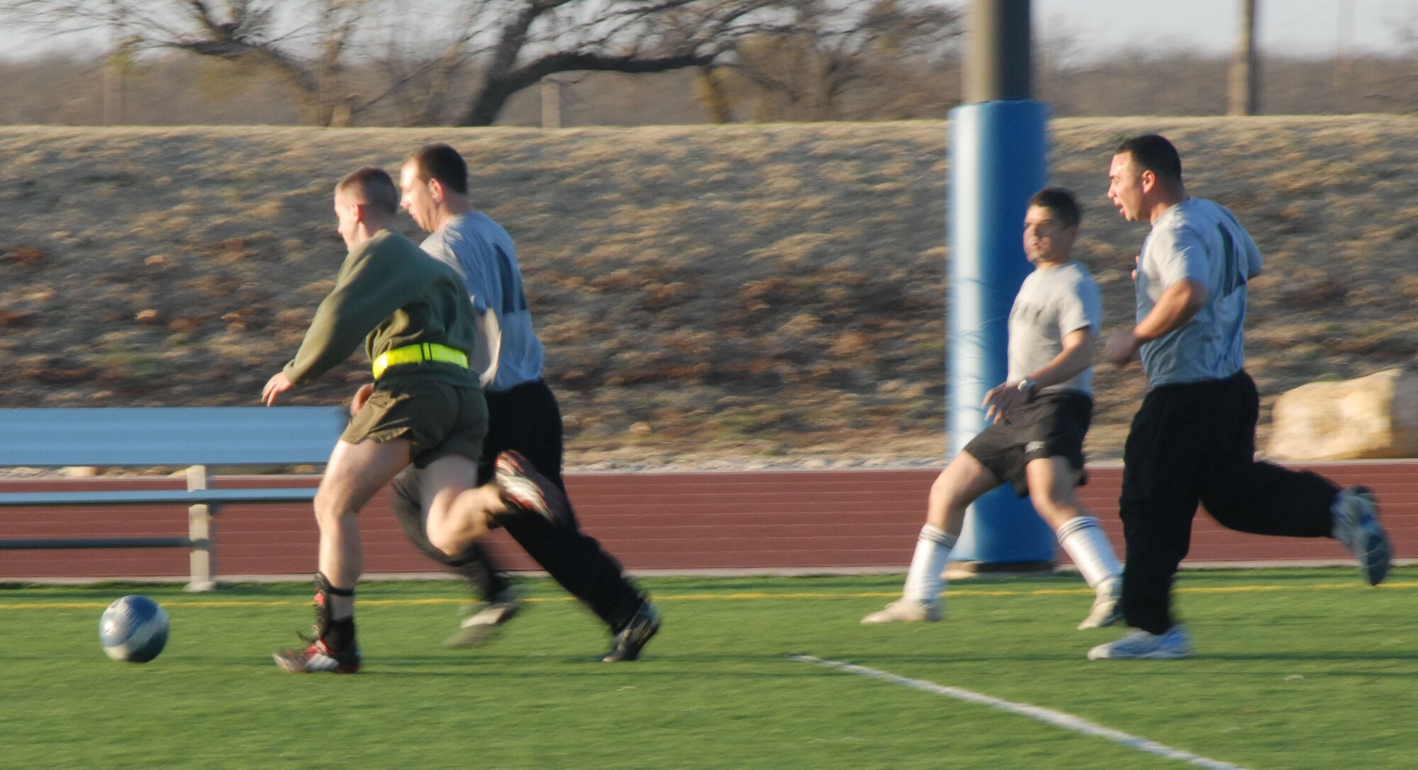 GOODFELLOW AIR FORCE BASE, Texas-- Soldiers from the Army 344th Military Intelligence Battalion here compete against the Marine Corps Detachment in a soccer game, Feb. 25 during the Quarterly 17th Training Wing Sports Day event. (U.S. Air Force photo/Airman 1st Class Jessica Keith)