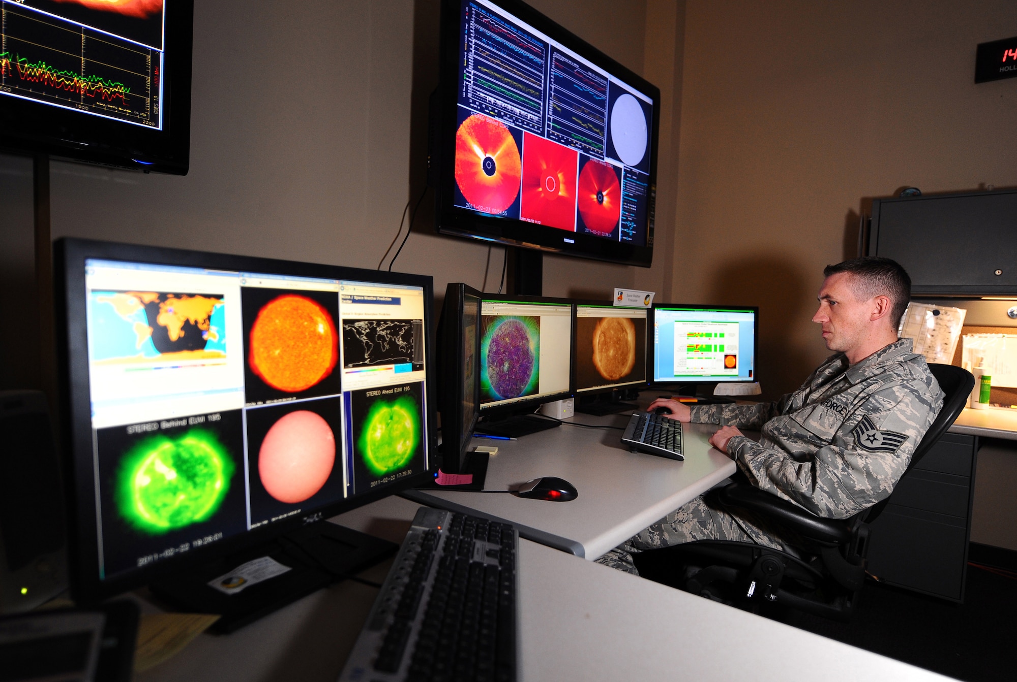 Staff Sgt. Matthew Money monitors the near earth space environment at the 2nd Weather Squadron's space weather operations center located inside the Air Force Weather Agency at Offutt Air Force Base, Neb. The sun's last solar maximum occurred in 2000 and therefore it is expected to awaken from its current solar minimum and get more and more active this year. Sergeant Money is a forecaster with the 2nd WS space weather flight. (U.S. Air Force photo/Josh Plueger)