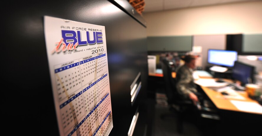 MOODY AIR FORCE BASE, Ga.-- A calendar  magnet with the title “Air Force Reserve” sticks to a file cabinet in an office of a Reservist Feb. 23. About 80 reservists at Moody are involved in the total force integration, which started here in 2009 with the activation of the 476th Fighter Group. (U.S. Air Force photo/Airman 1st Class Joshua Green)(RELEASED)
