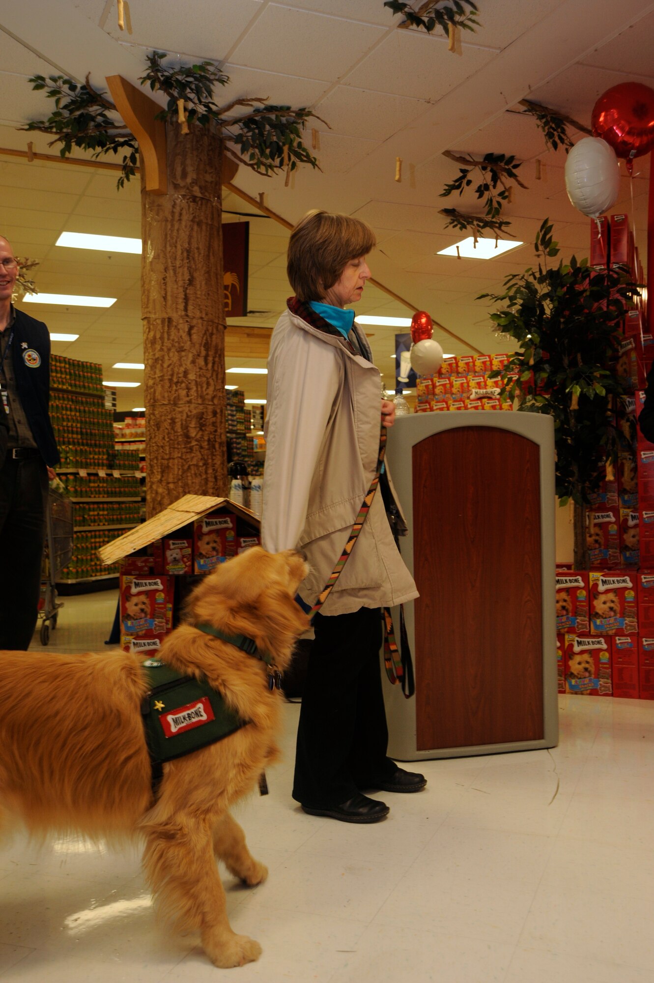 Mrs. Lynn Encum, canine assistance trainer, exhibits the capabilities of a canine assistance service dog during a ceremony at Fairchild commissary Feb. 17, 2010. During the ceremonies like this, service dogs are donated to people with physical disabilities or other special needs. In this demonstration, the service dog assisted Mrs. Lynn by removing her jacket to show the range of ways these dogs can assist those in need. (U.S. Air Force Photo/Airman 1st Class Taylor Curry) 