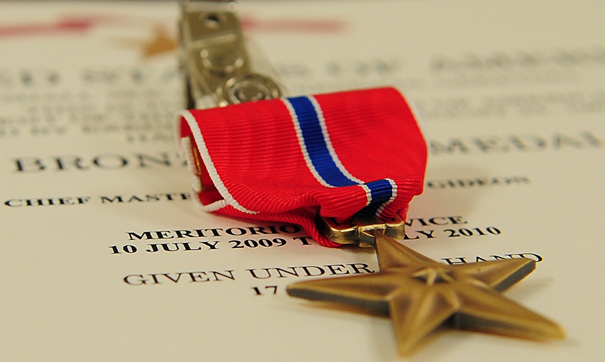 MOODY AIR FORCE BASE, Ga.-- The Bronze Star Medal was earned by Chief Master Sgt. J.C. Gideon, 23rd Equipment Maintenance Squadron chief enlisted manager, for meritorious service while deployed from 2009 to 2010. During his deployment, the chief directed the largest and most diverse maintenance squadron in the U.S. Air Forces Central and developed numerous strategic plans to fully support all facets of theater combat employment. (U.S. Air Force photo/Senior Airman Stephanie Mancha)(RELEASED)