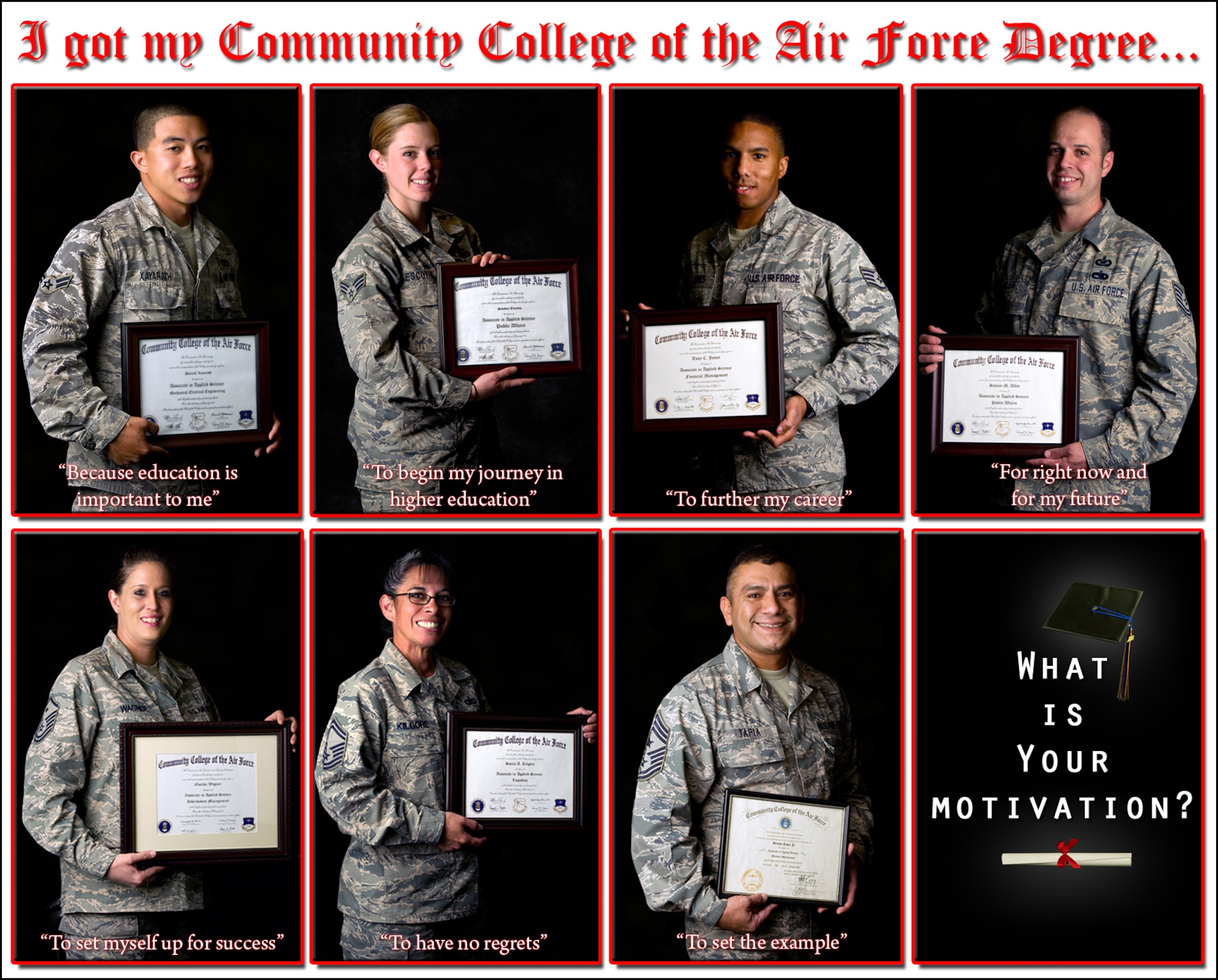 HOLLOMAN AIR FORCE BASE, N.M. -- The Community College of the Air Force is a regionally-accredited school and CCAF degrees are only offered to Air Force servicemembers. Everyone has their own reason to pursue this degree ... What Is Yours? (U.S. Air Force photo illustration by Senior Airman Sondra Escutia/Released)