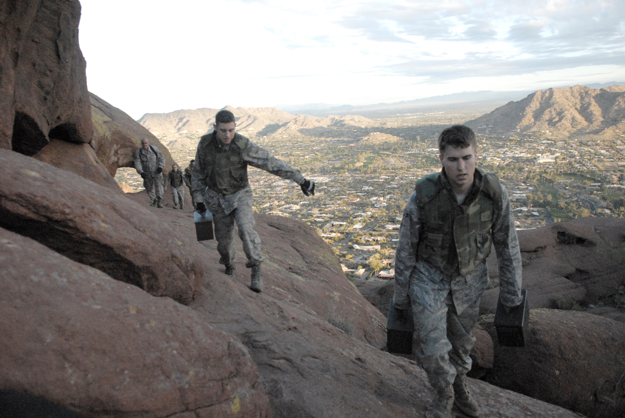 Airman 1st Class Aaron Peacock, 56th Component Maintenance Squadron, leads the way during the ruck sack march on February 17th on Camelback Mountain.  The march closed out a four-week Hand2Hand Combative Course held at the Luke Fitness Center.  "We wanted to challenge everyone physically and mentally and see  if they could finish without quitting," said Staff Sgt. Abel Telles, 56th Logistics Readiness Squadron fuels specialist and H2H combatives course leader.  (U.S. Air Force photo/Airman David Owsianka)